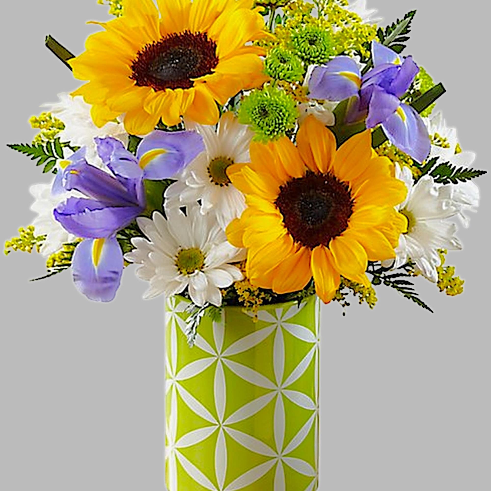 Bright yellow sunflowers, blue iris, white daisies, combined with yellow solidago, green