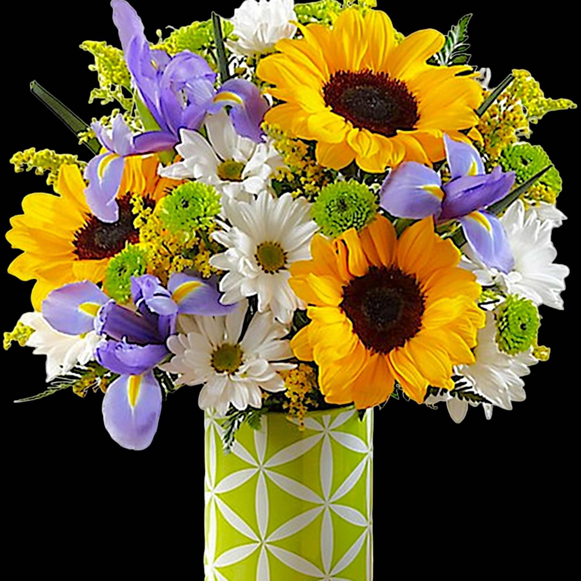 Bright yellow sunflowers, blue iris, white daisies, combined with yellow solidago, green