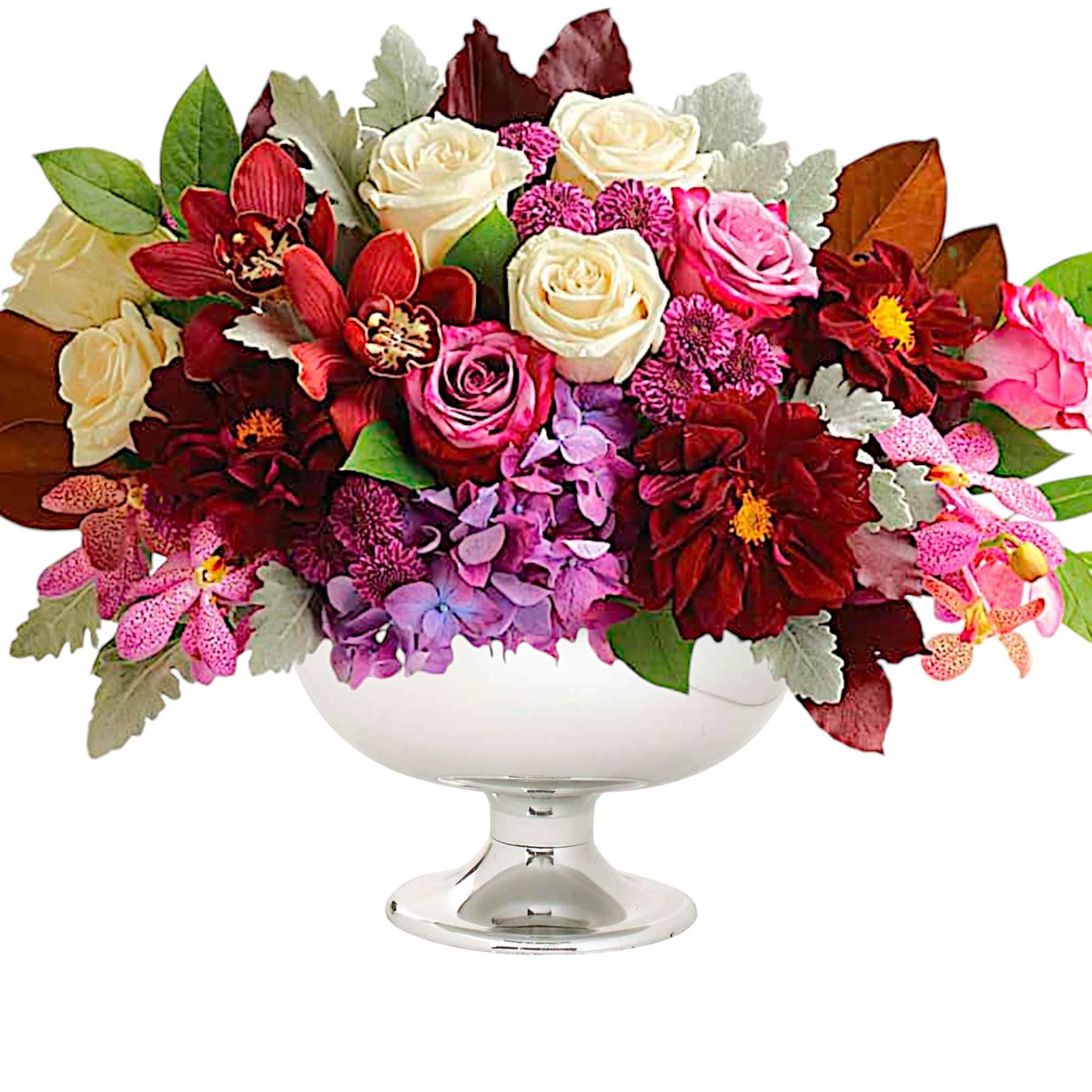 A chic spin on the traditional fall arrangement, this luxurious bouquet of