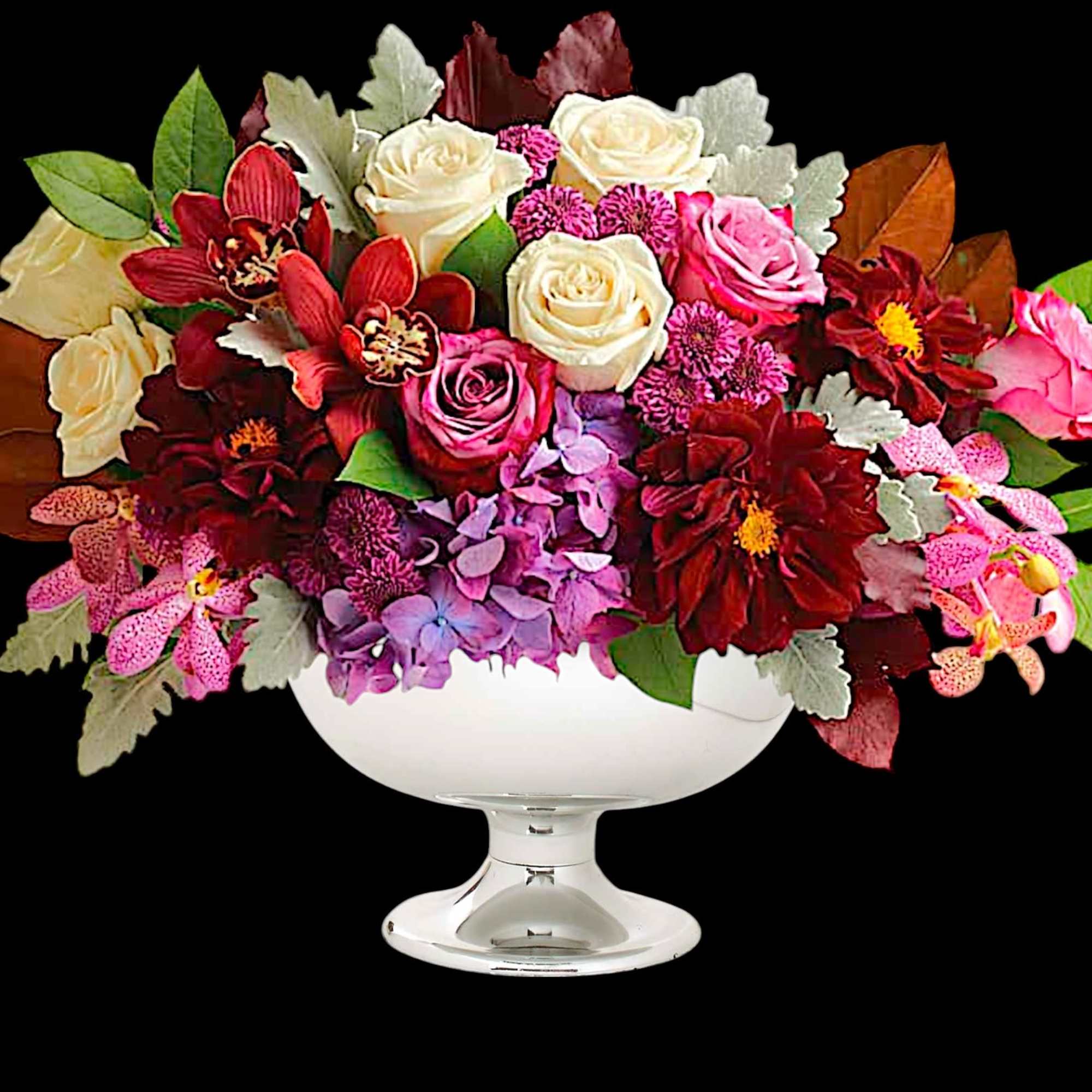 A chic spin on the traditional fall arrangement, this luxurious bouquet of