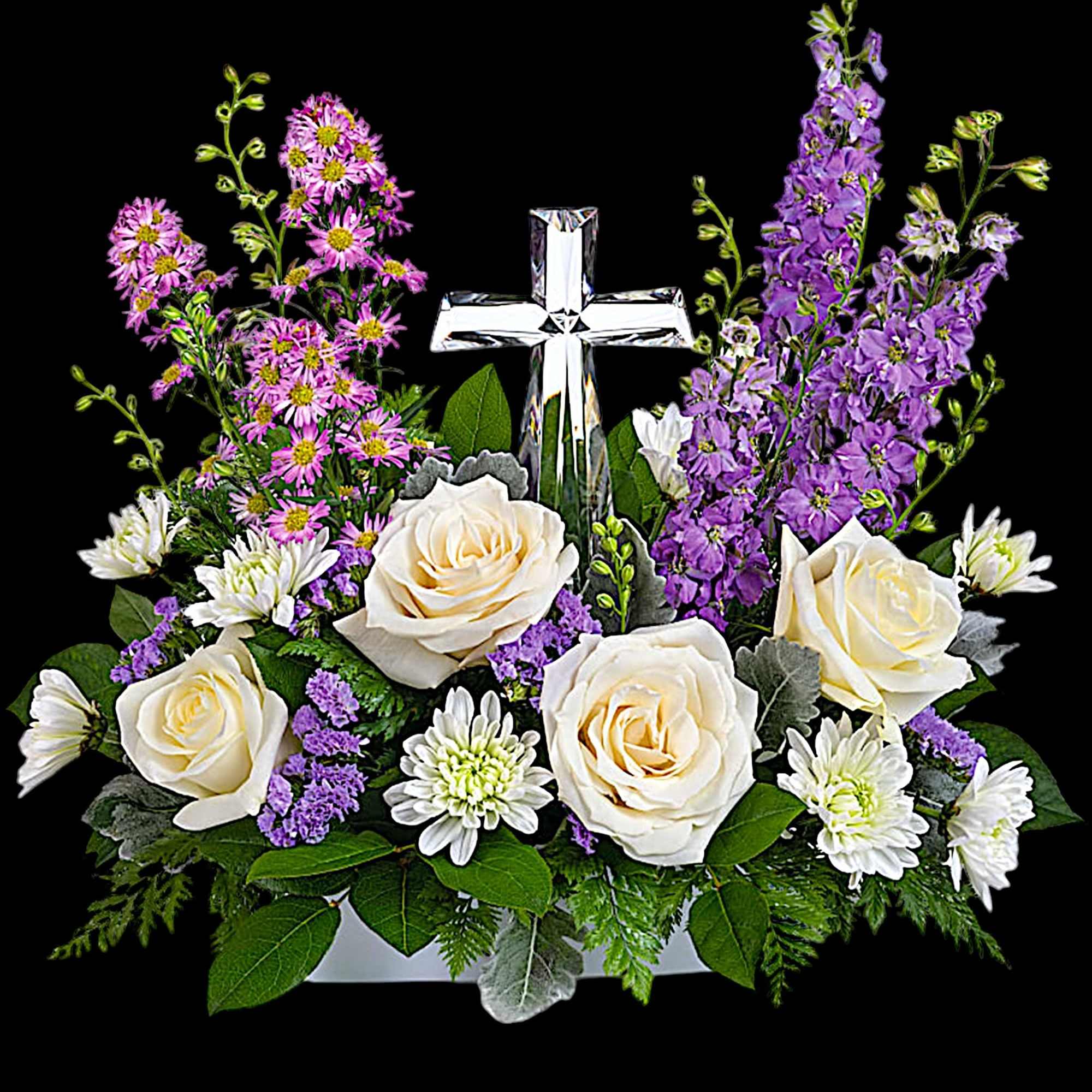 Soft and serene, this artistic array of cream and lavender blooms around