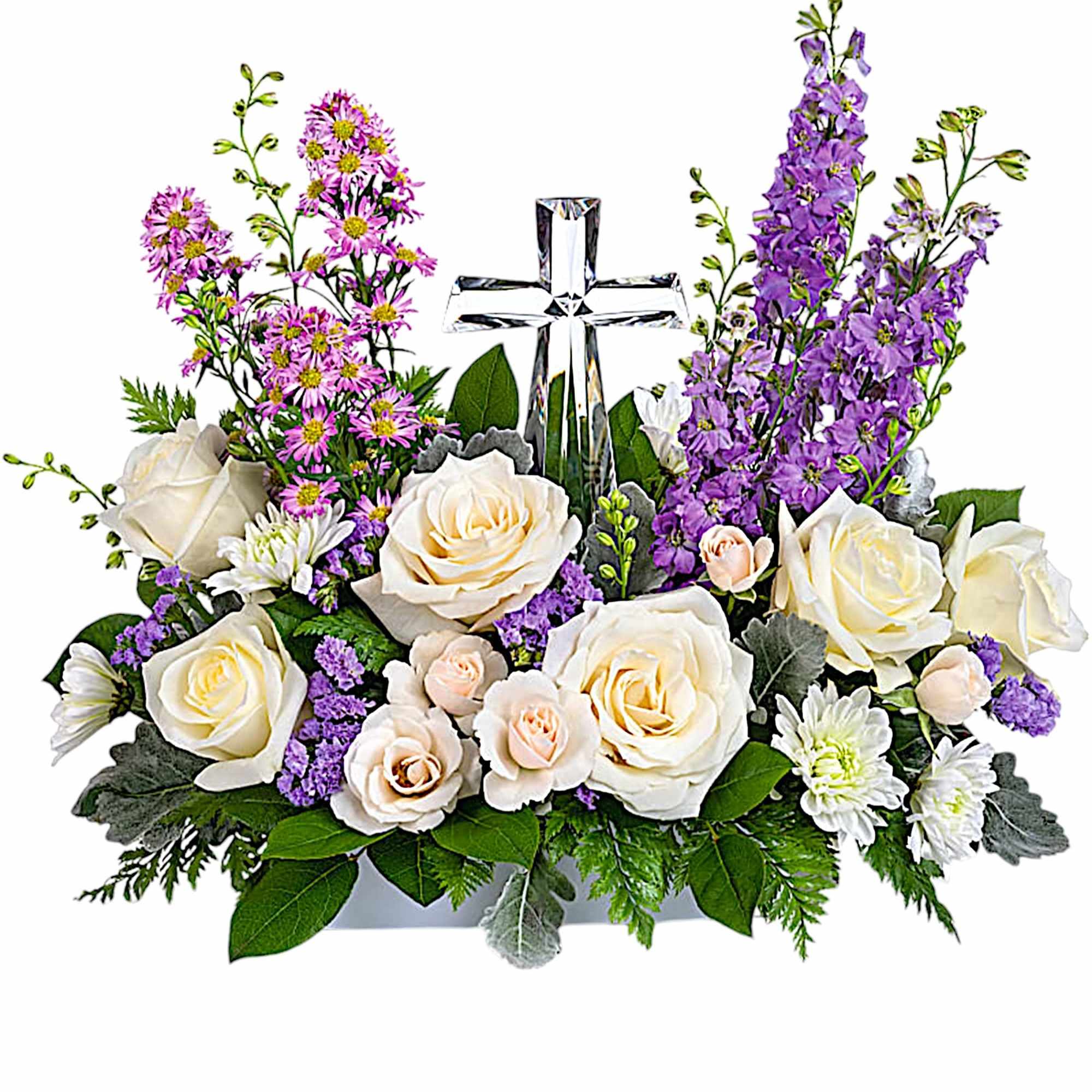 Soft and serene, this artistic array of cream and lavender blooms around