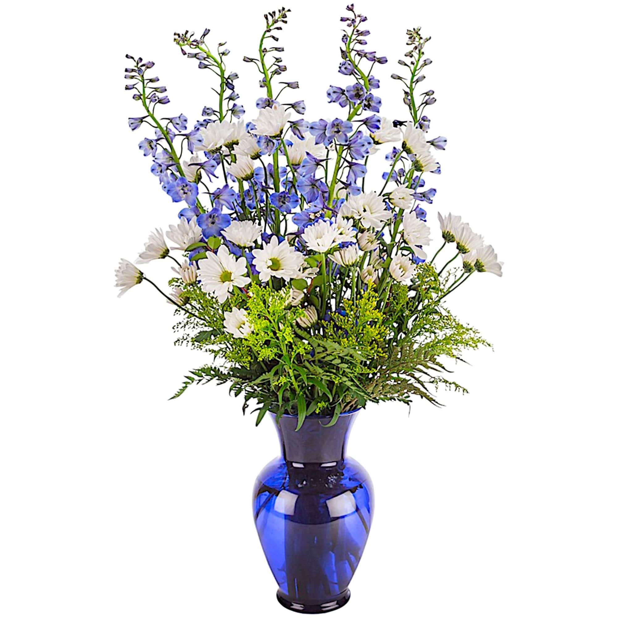 This tall blue and white arrangement is a breezy breath of summer