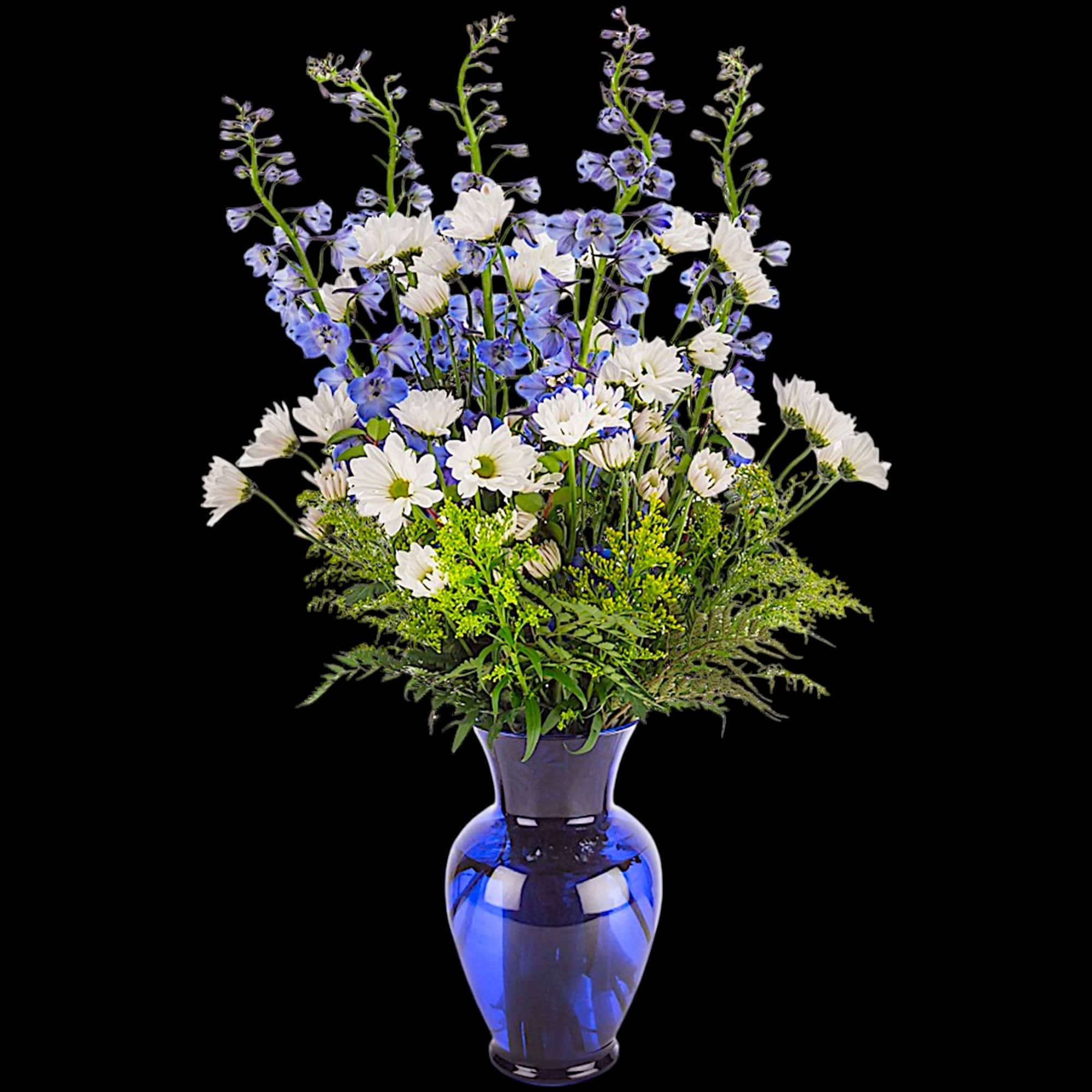 This tall blue and white arrangement is a breezy breath of summer