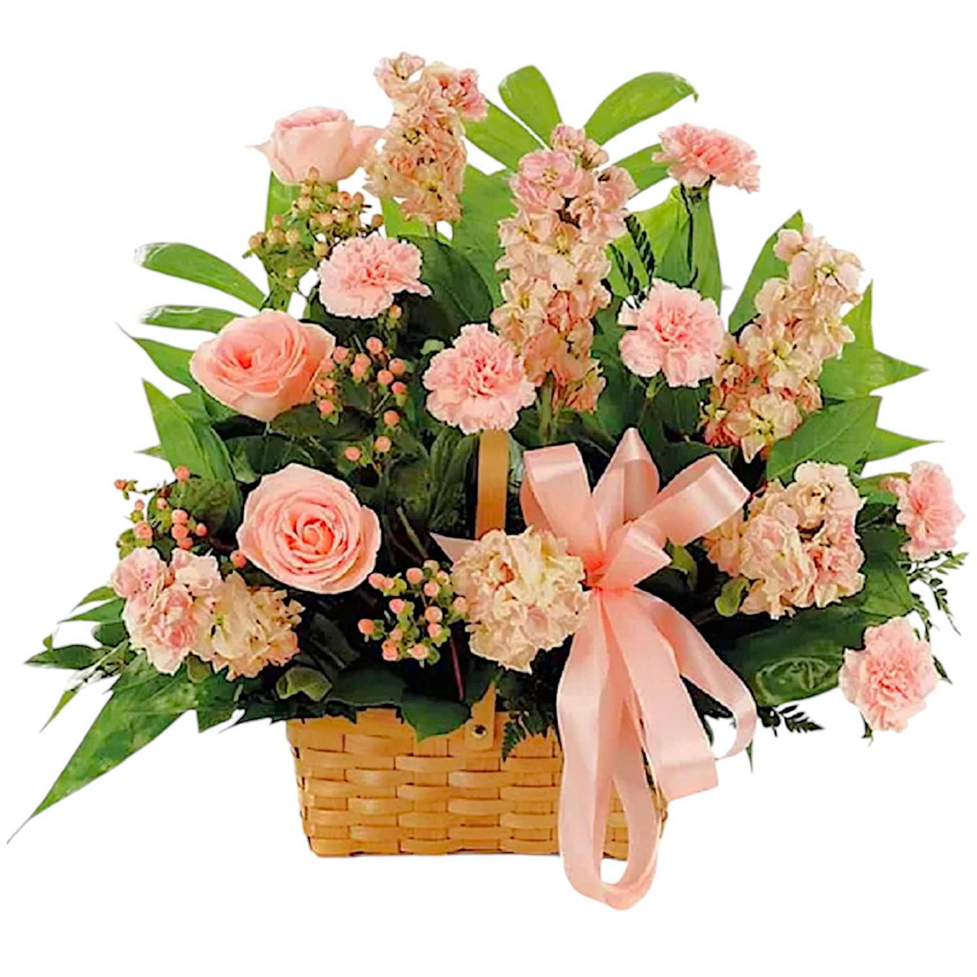 This classic peach fresh flower basket arrangement is a lovely way to