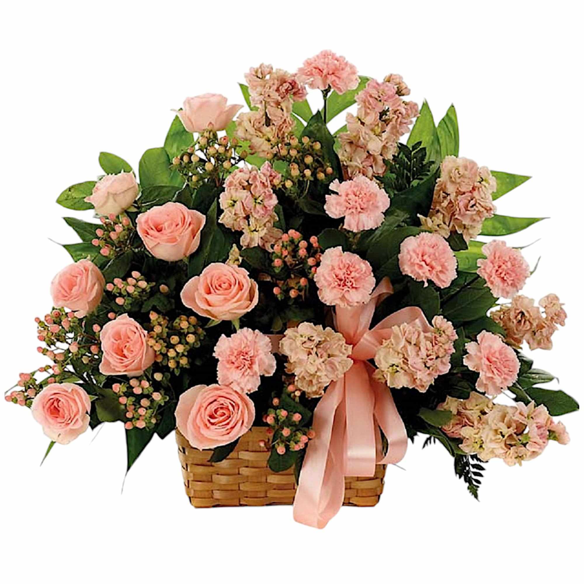 This classic peach fresh flower basket arrangement is a lovely way to