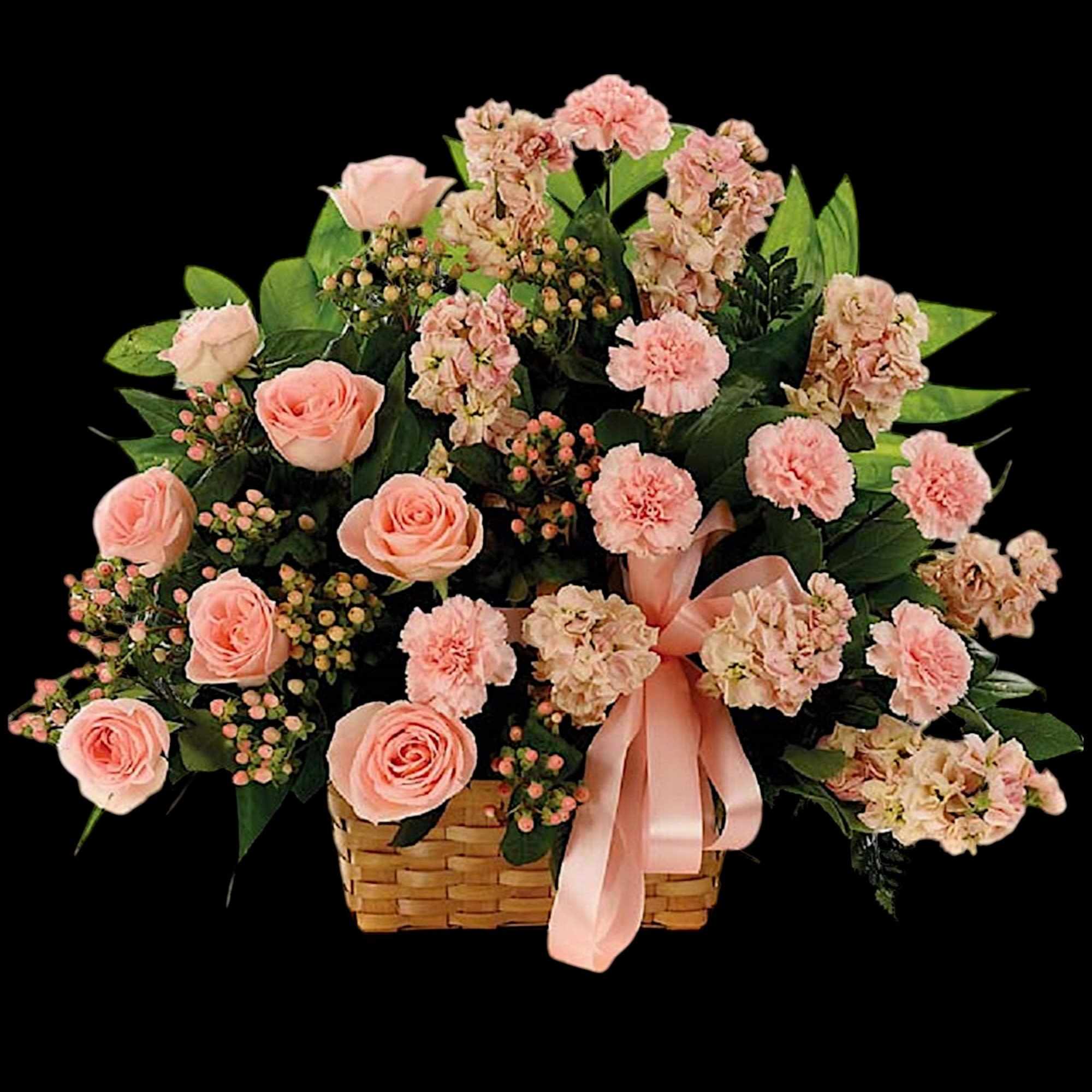 This classic peach fresh flower basket arrangement is a lovely way to