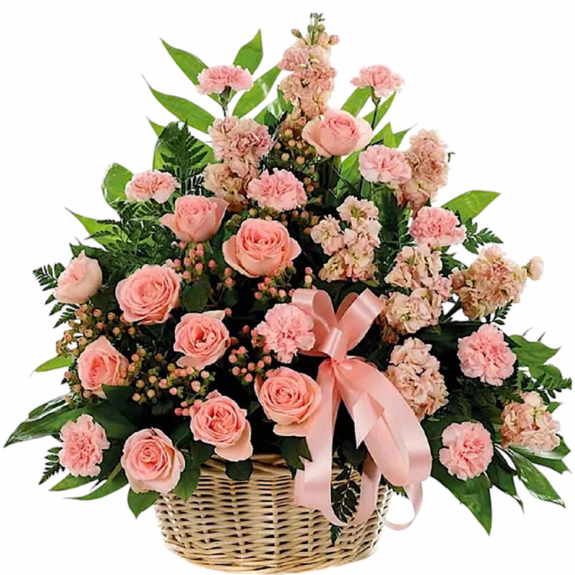 This classic peach fresh flower basket arrangement is a lovely way to