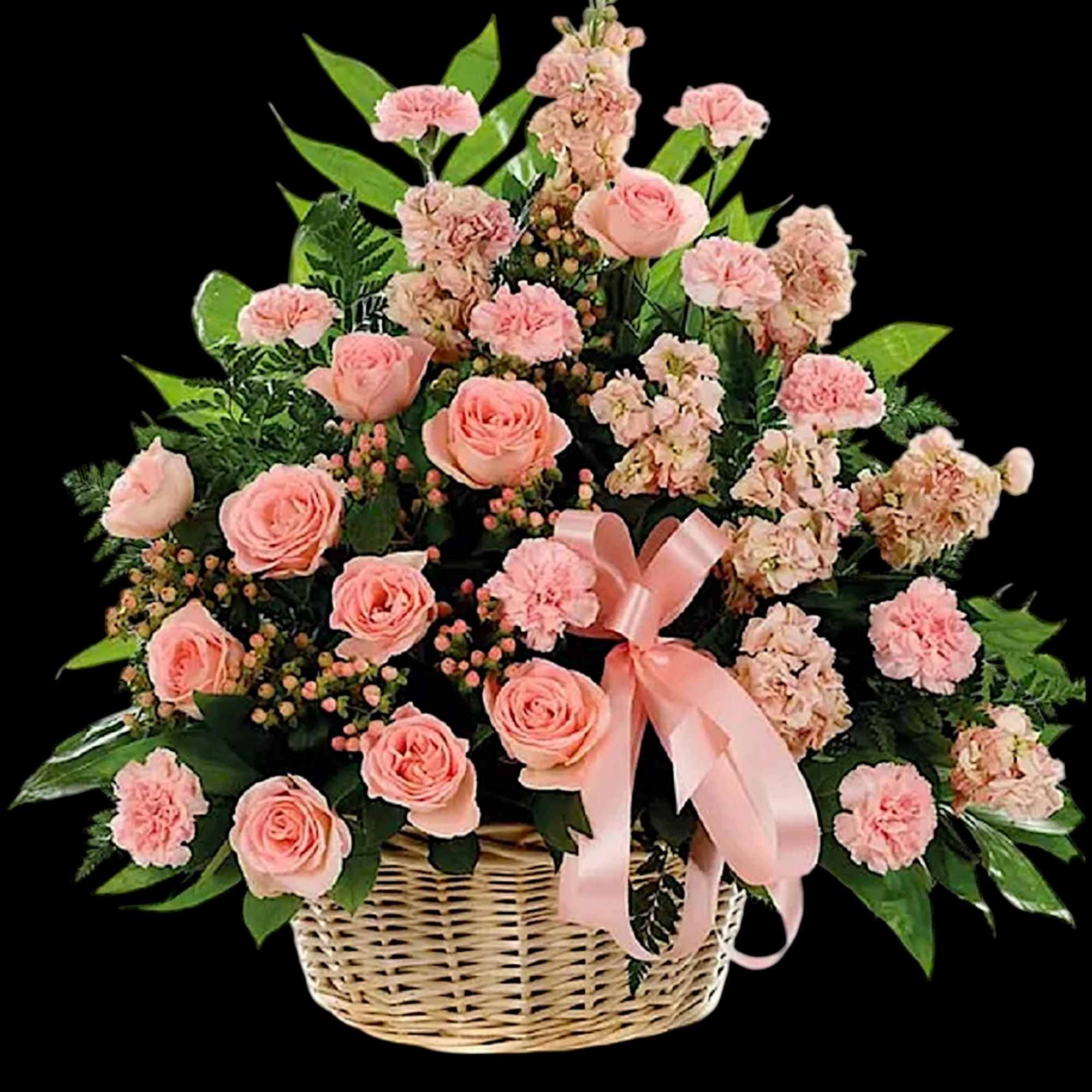 This classic peach fresh flower basket arrangement is a lovely way to
