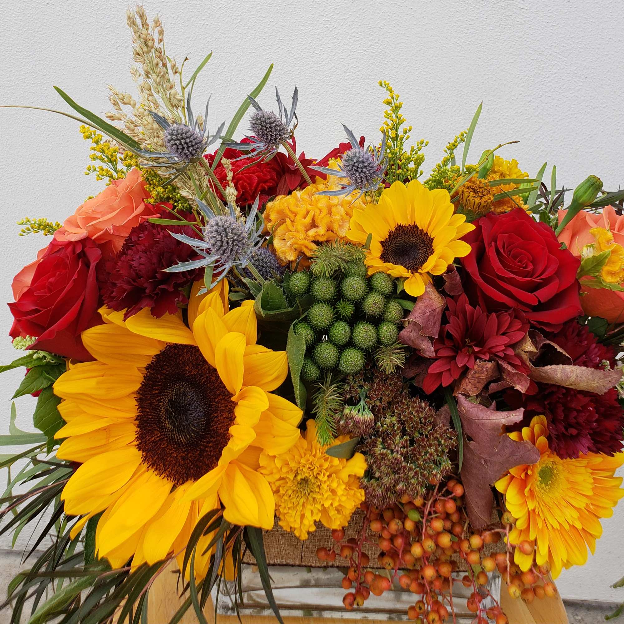 Gorgeous fall arrangement rich in colors and textures 