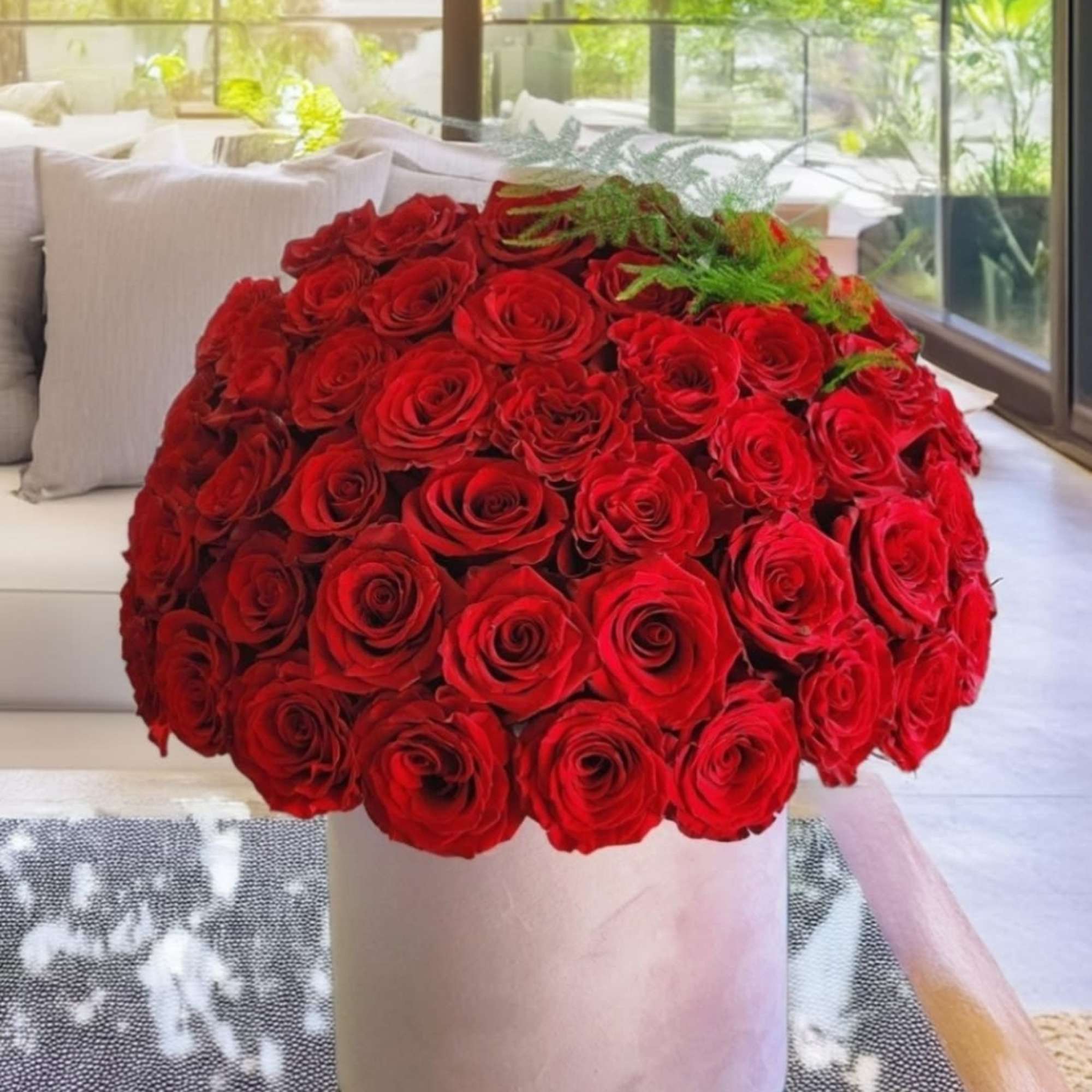 Our luxurious hatbox filled with stunning red roses is the perfect romantic