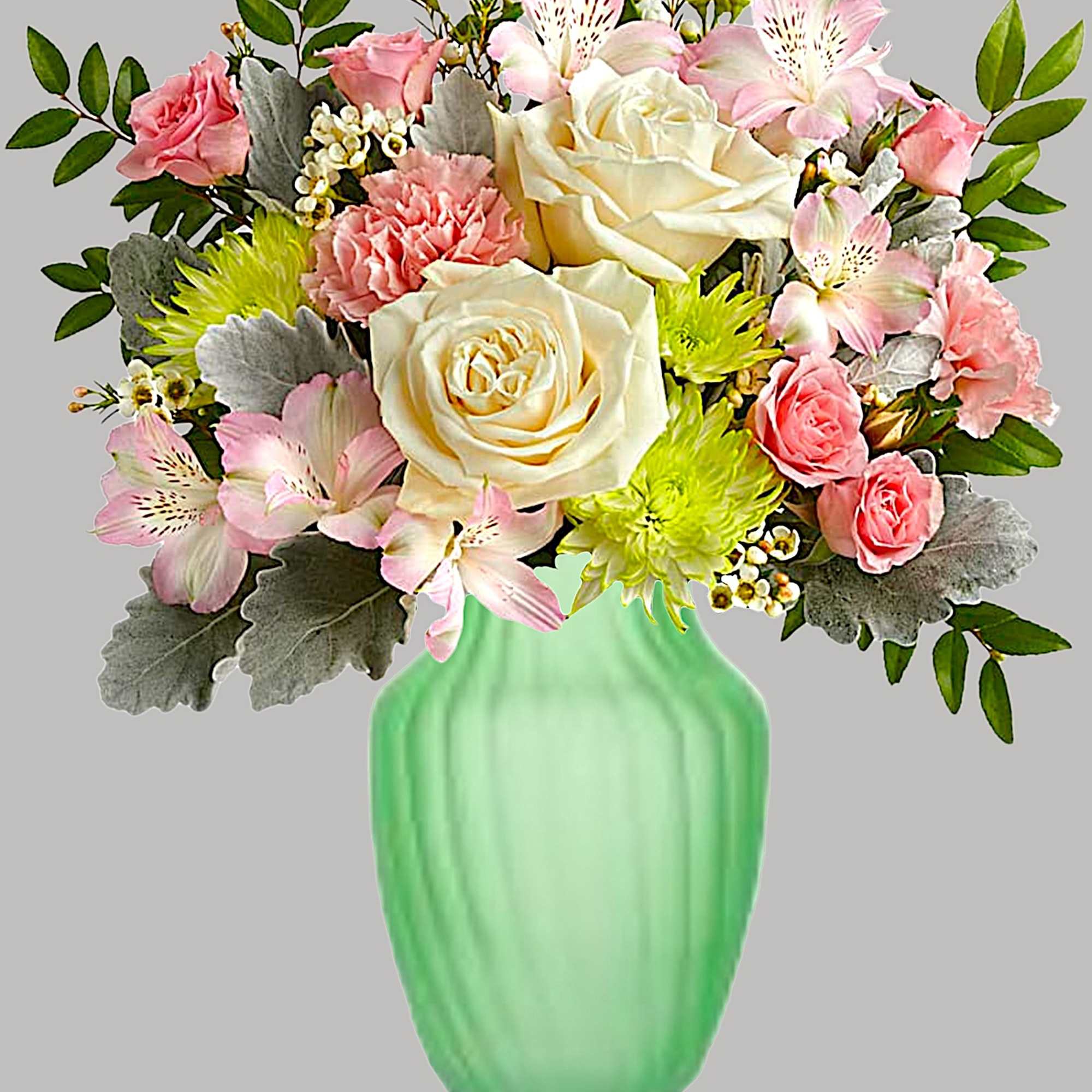 Fresh from the garden, this special refreshing rose arrangement is arranged in