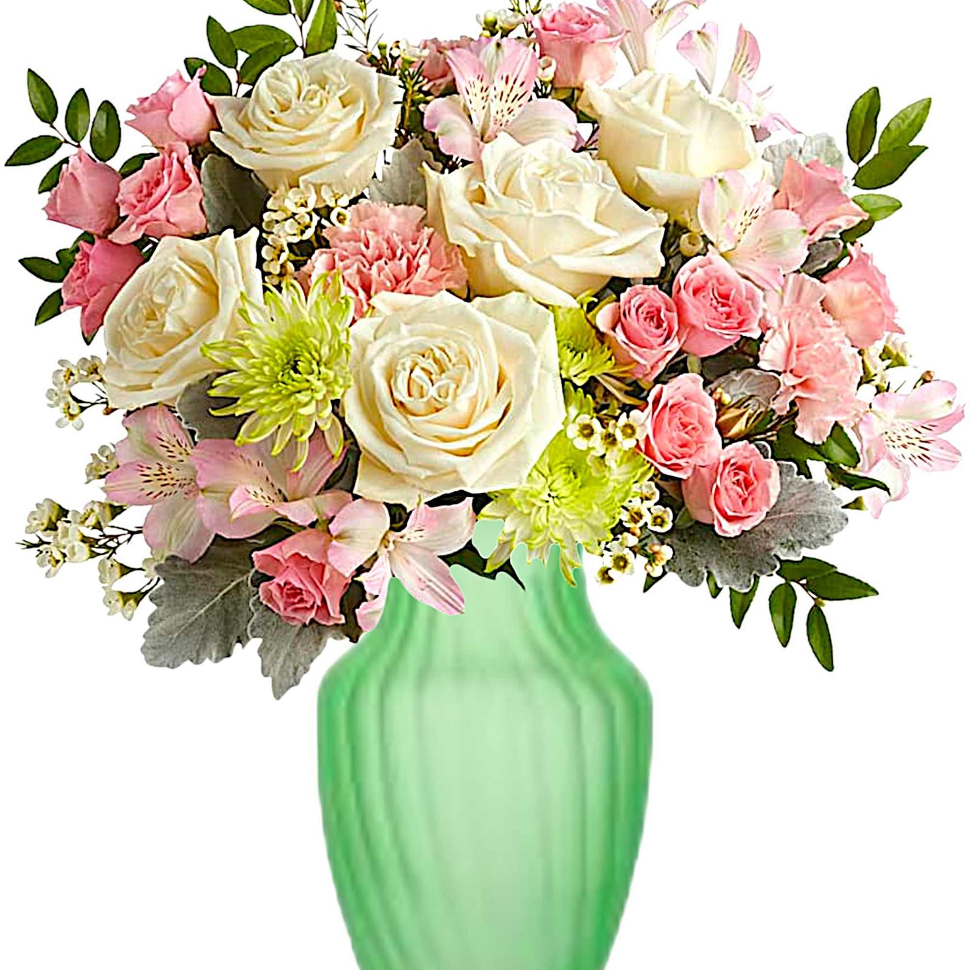 Fresh from the garden, this special refreshing rose arrangement is arranged in