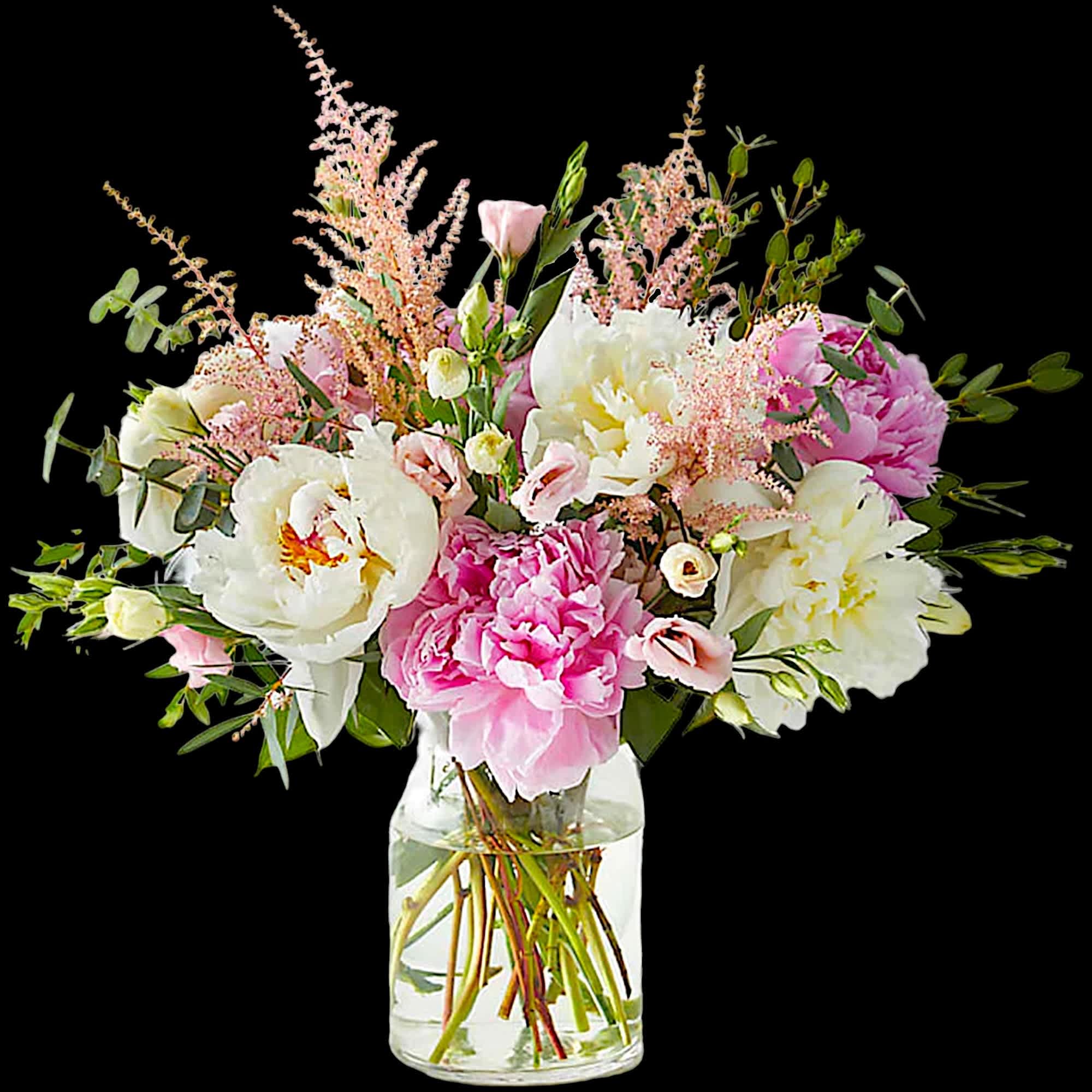 Bursting with bright pink and white peonies, this delightful mix is sure