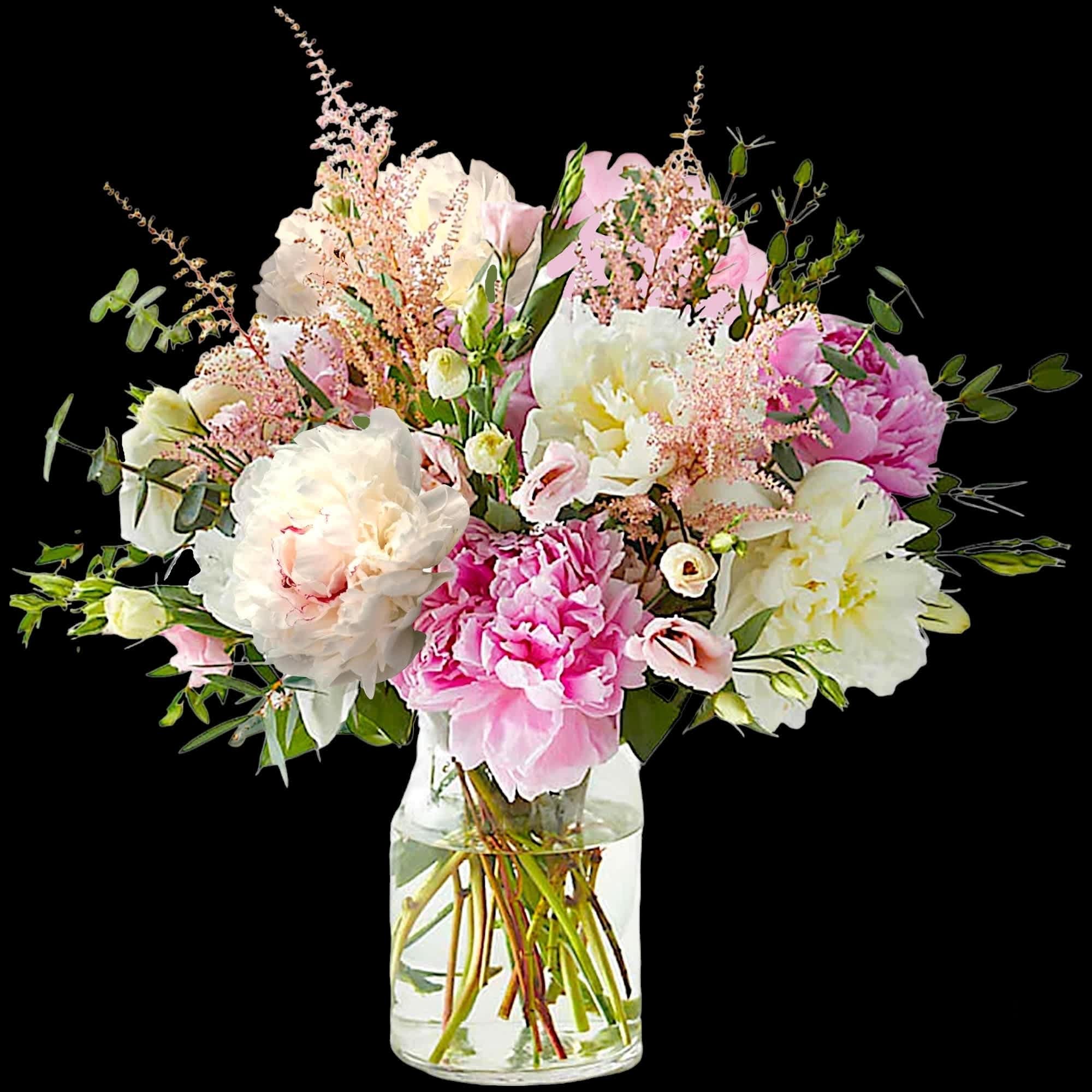 Bursting with bright pink and white peonies, this delightful mix is sure