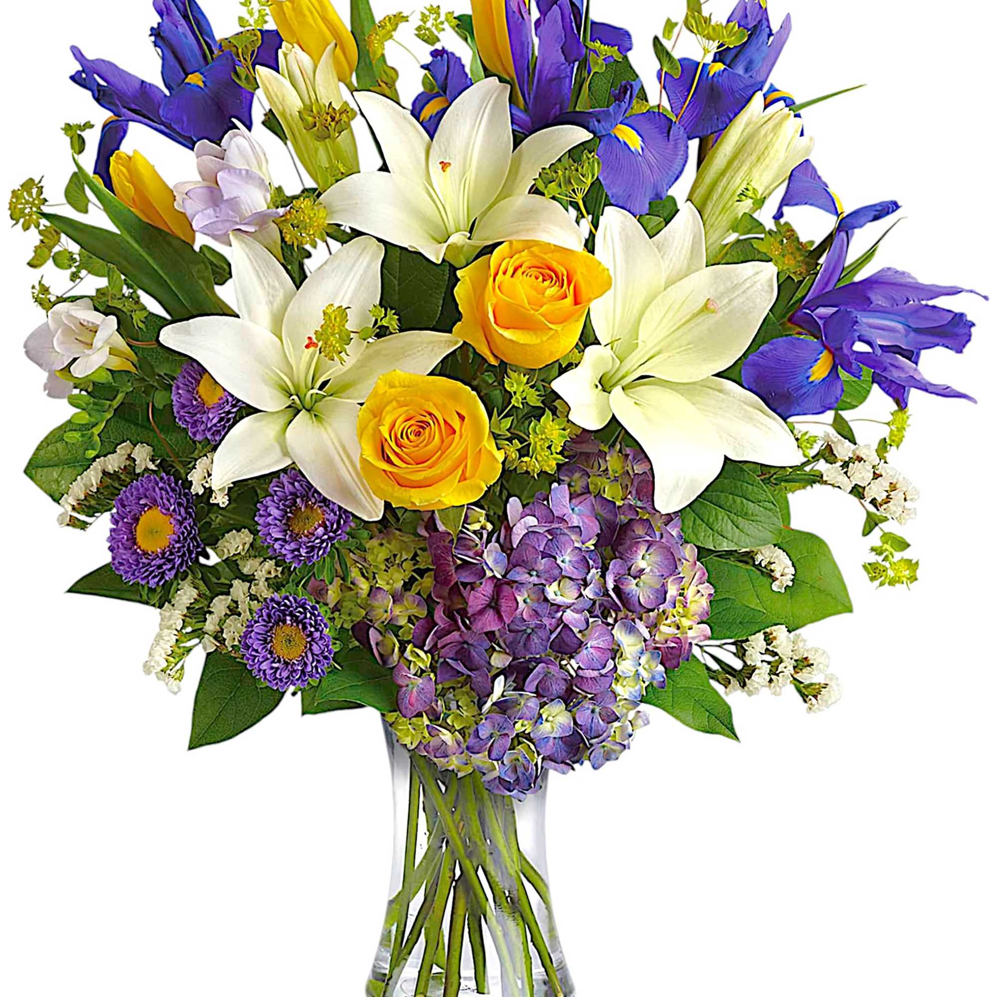 Inspired by the sky on a bright spring day, this glorious arrangement