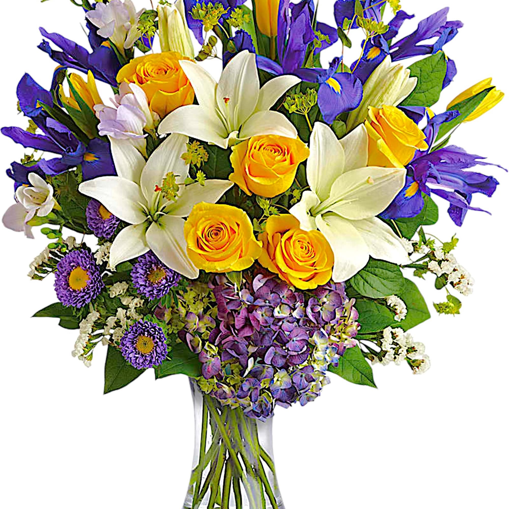 Inspired by the sky on a bright spring day, this glorious arrangement