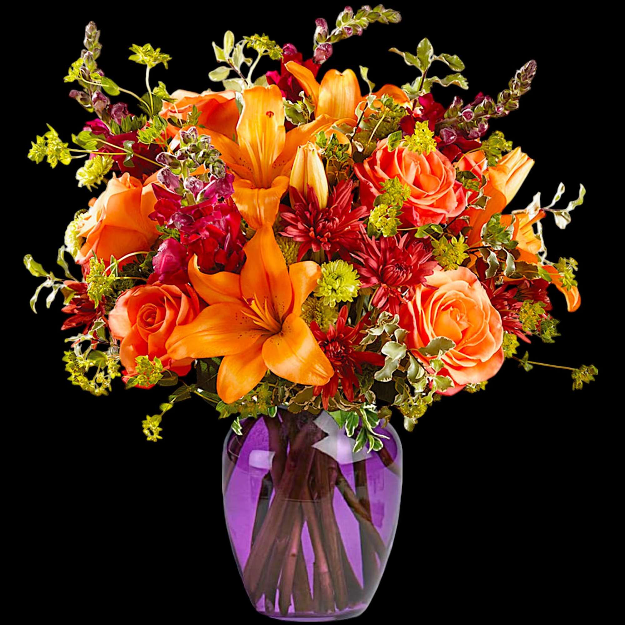 Doting on fall color &amp; harvest beauty, this fresh flower arrangement exhibits