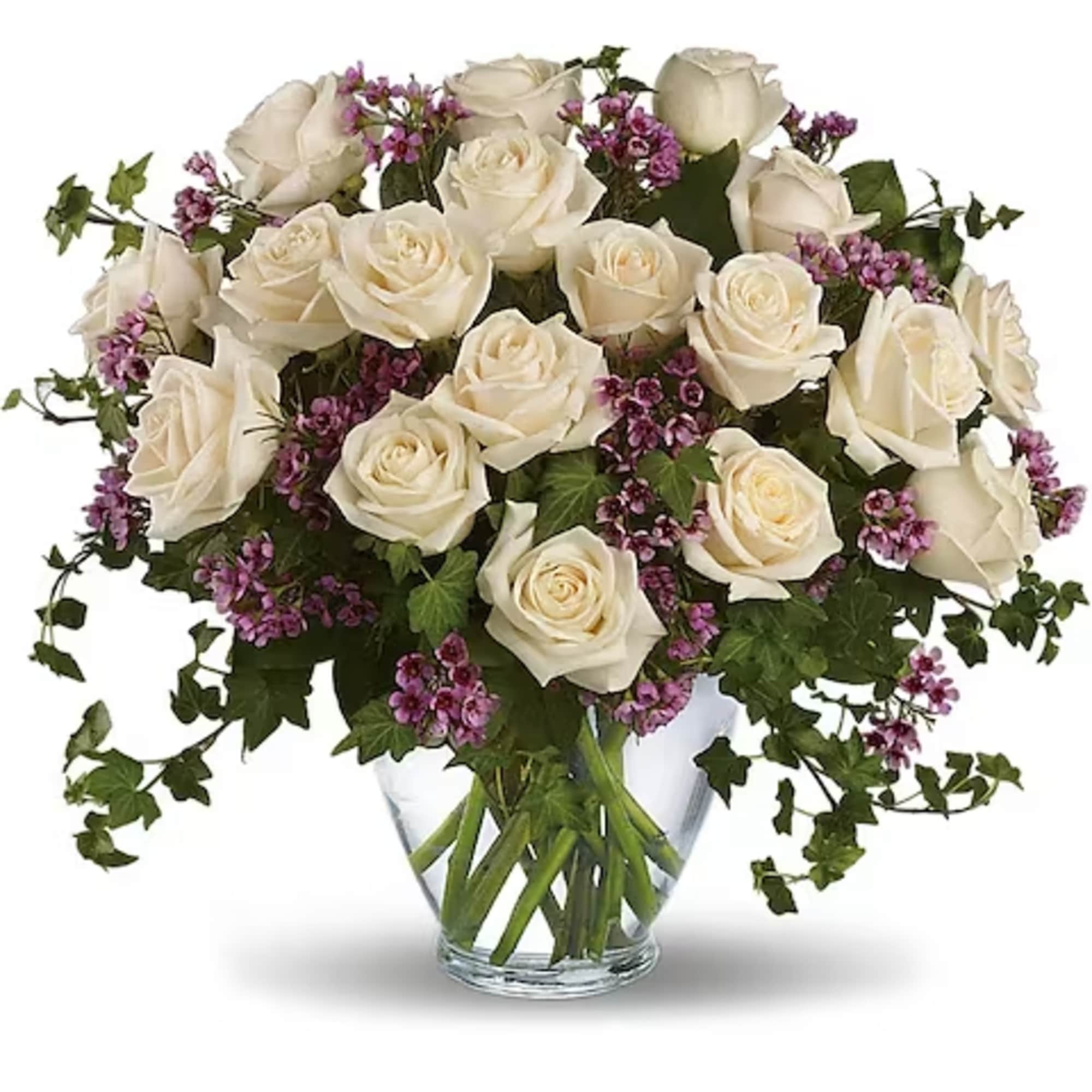 Romance blossoms beautifully within this elegant bouquet. The serenity and innocence of