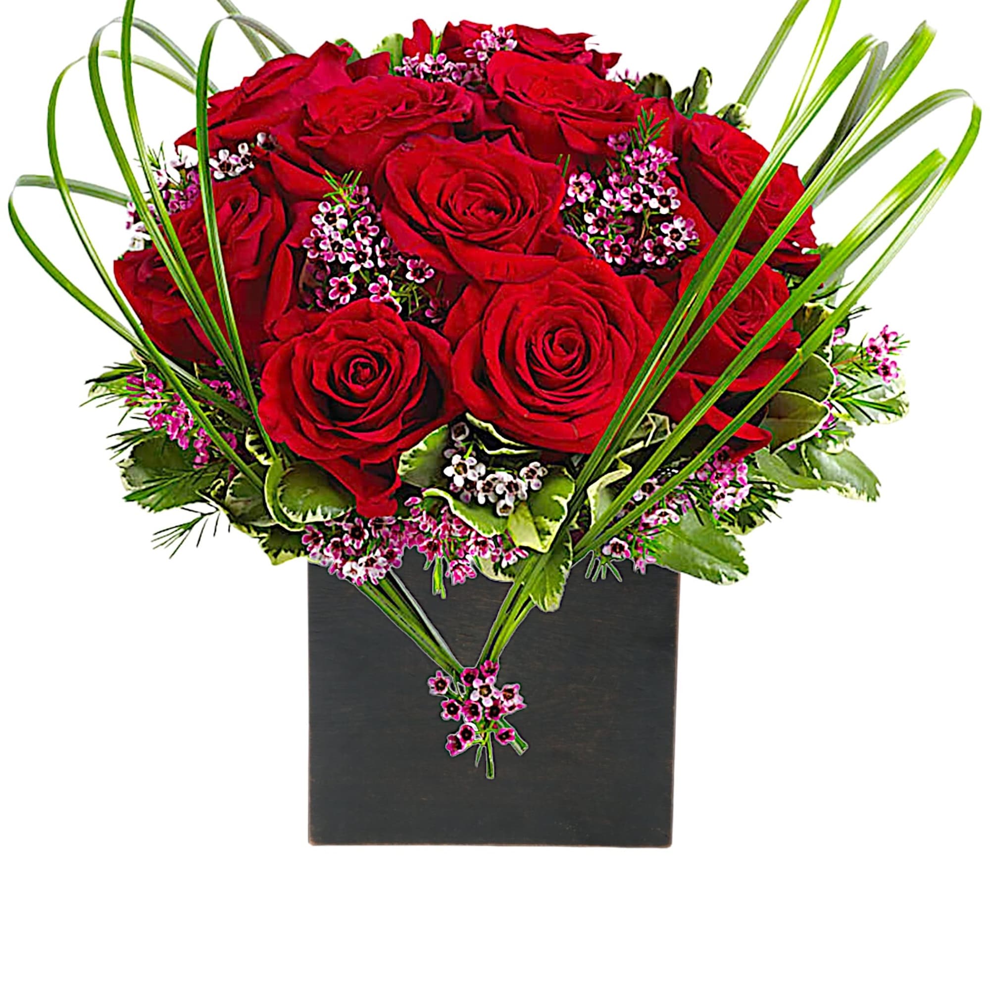 A graceful heart of bear grass... tied with purple waxflower blossoms... forms