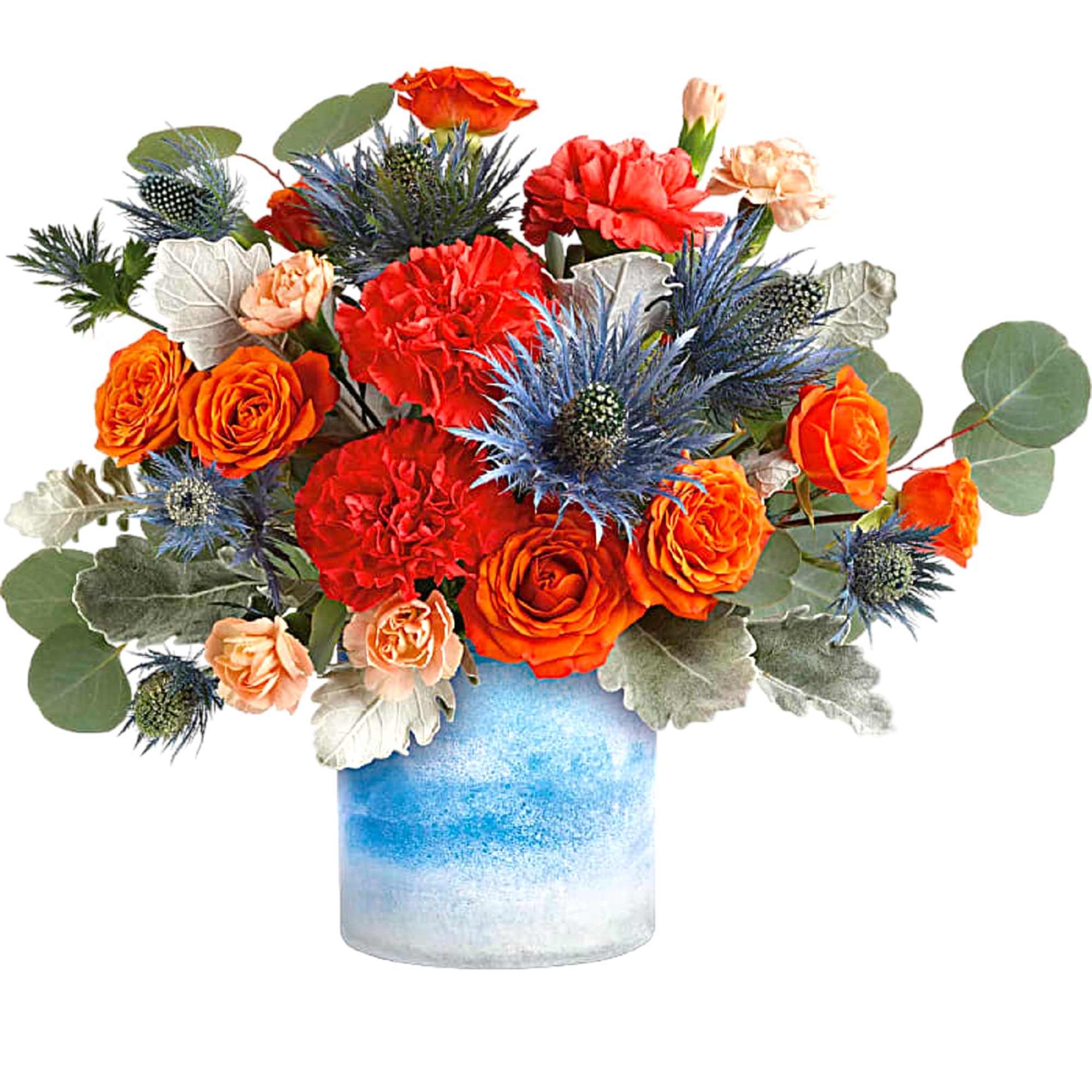 One of a kind! This standout mix of bold orange roses and