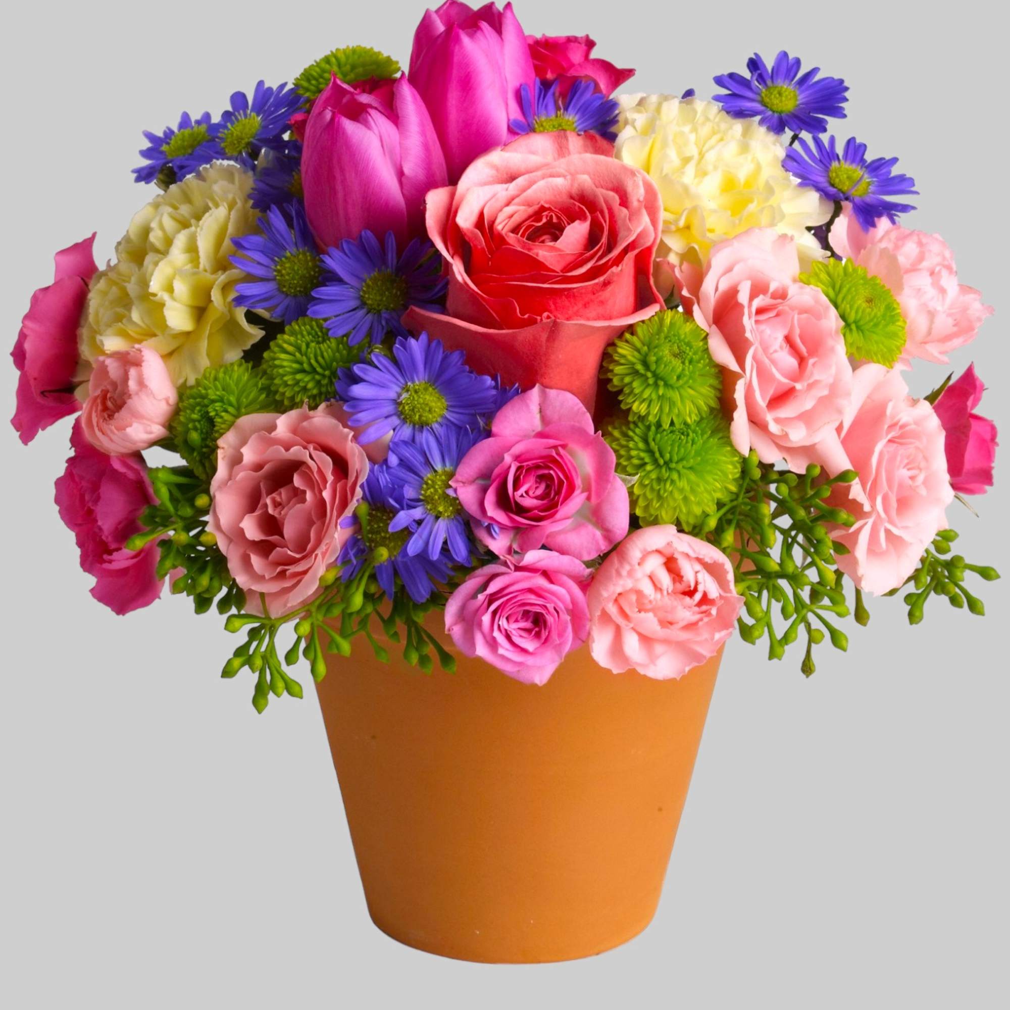 A warm terra-cotta pot and lots of fun colors give this arrangement