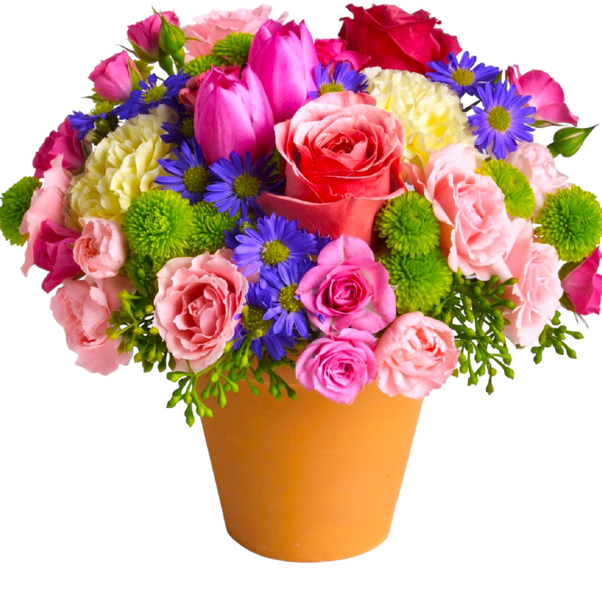 A warm terra-cotta pot and lots of fun colors give this arrangement