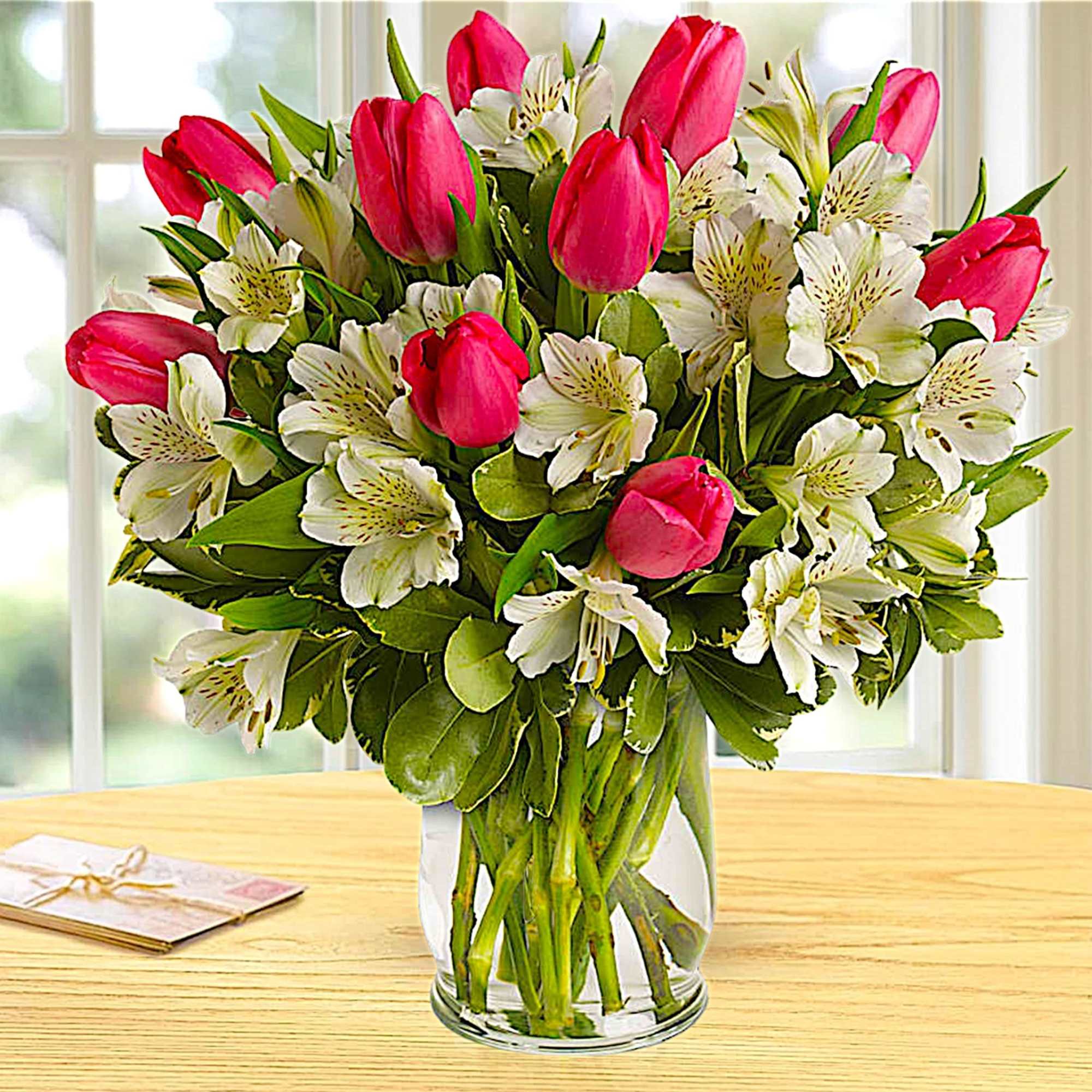 Spring is the season for romance! Brimming with exquisite tulips and alstroemeria