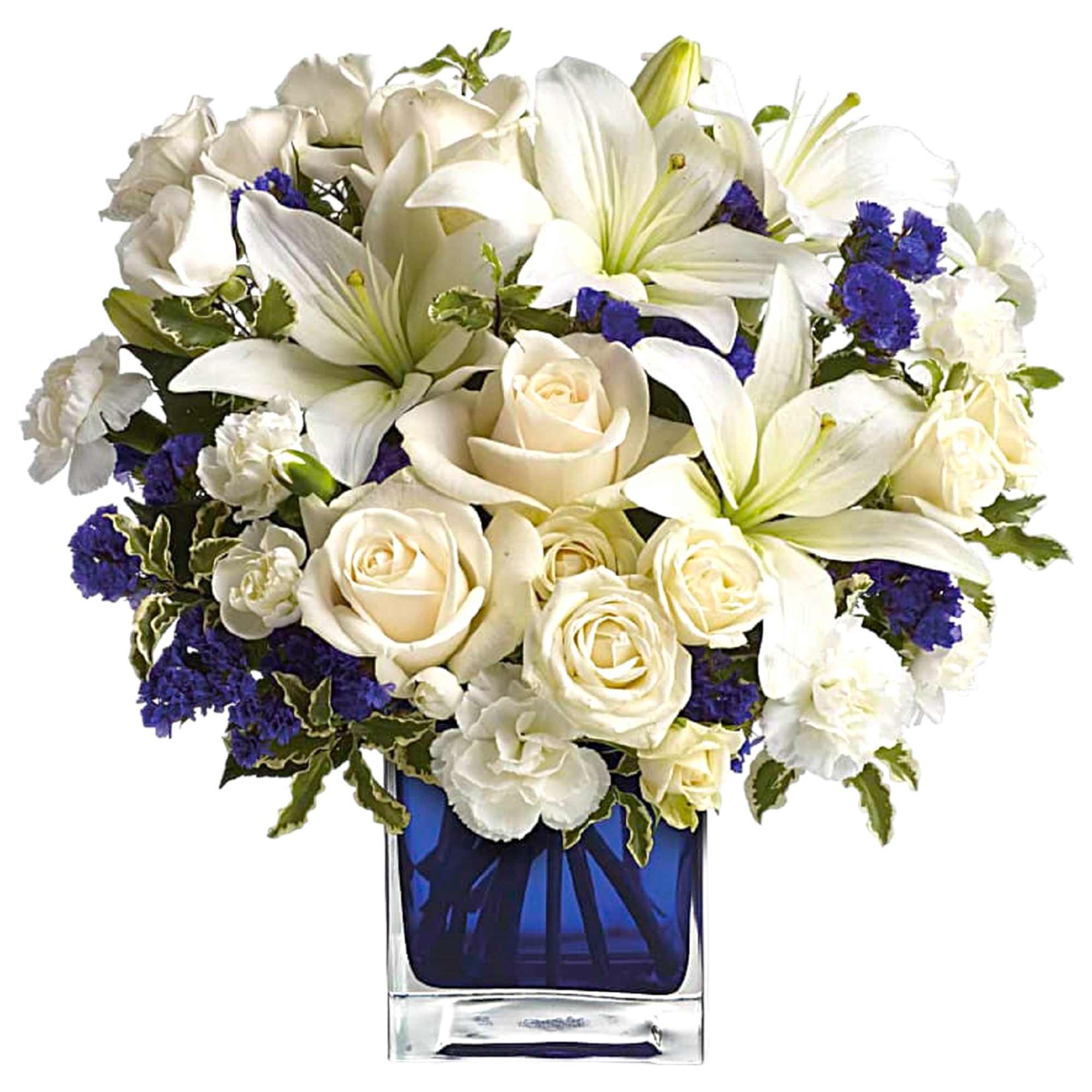 Like gazing into a clear blue sky, this serene arrangement soothes the