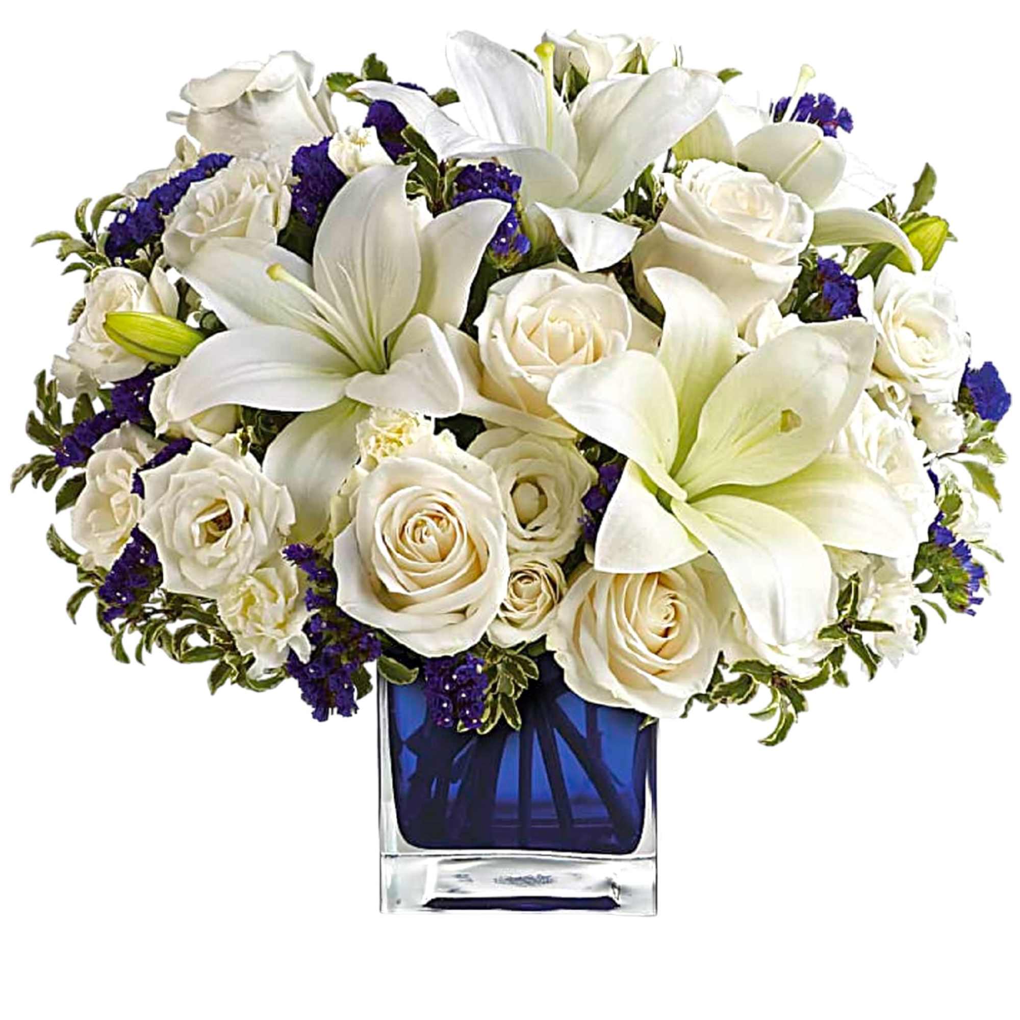 Like gazing into a clear blue sky, this serene arrangement soothes the