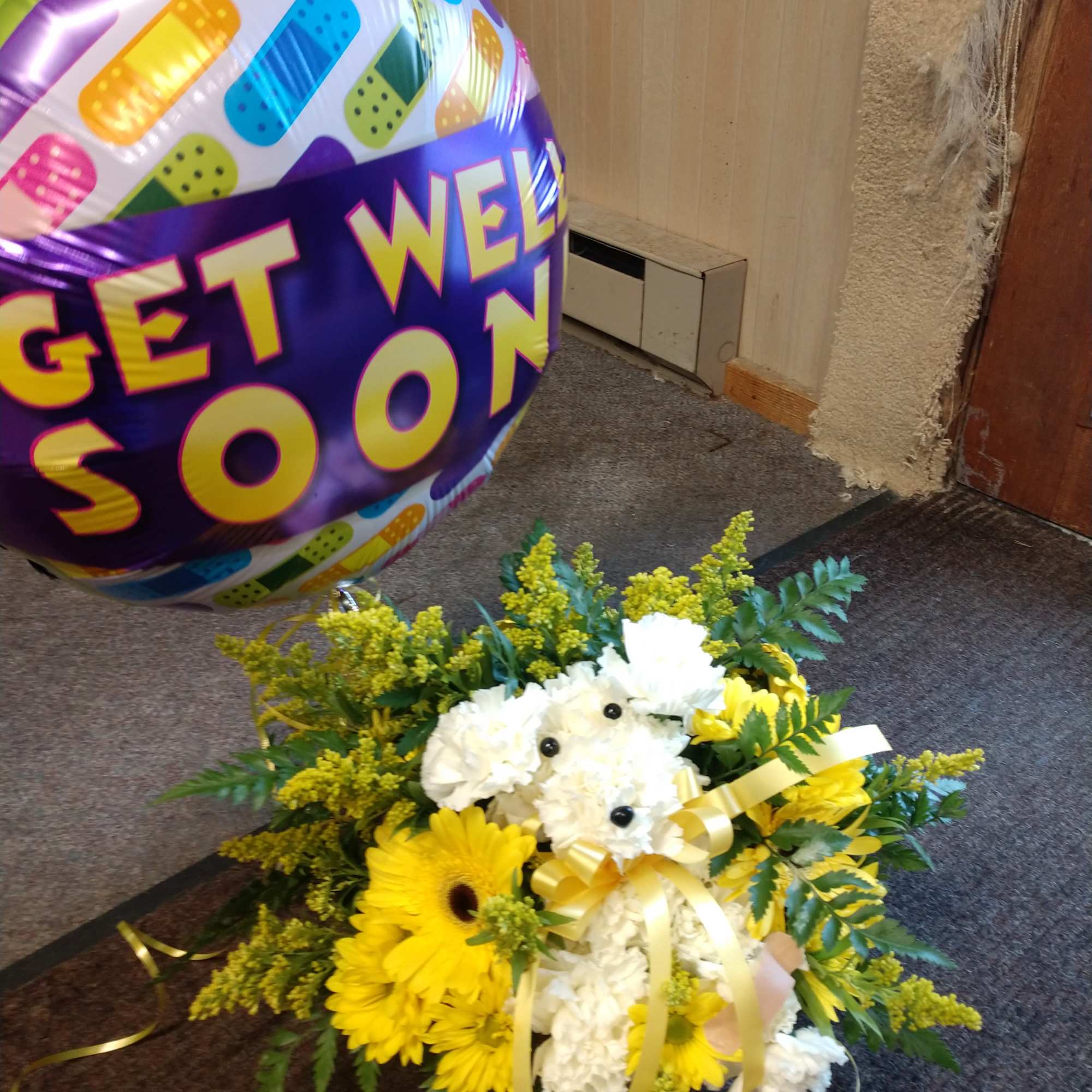 White Carnations and Yellow Flowers (Designers Choice Flowers) with a Get Well White Carnations and Yellow Flowers (Designers Choice Flowers) with a Get Well