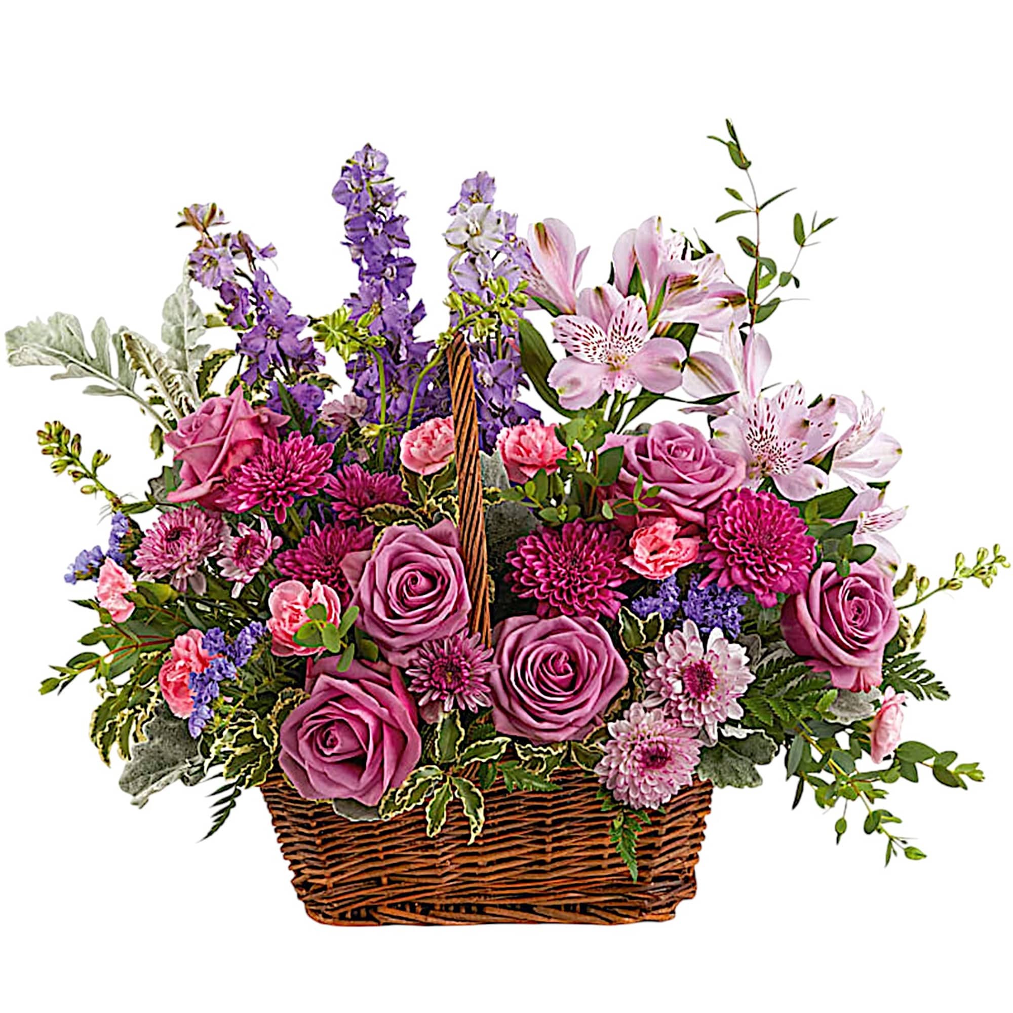 This lush lavender rose arrangement is a basket of beauty to brighten