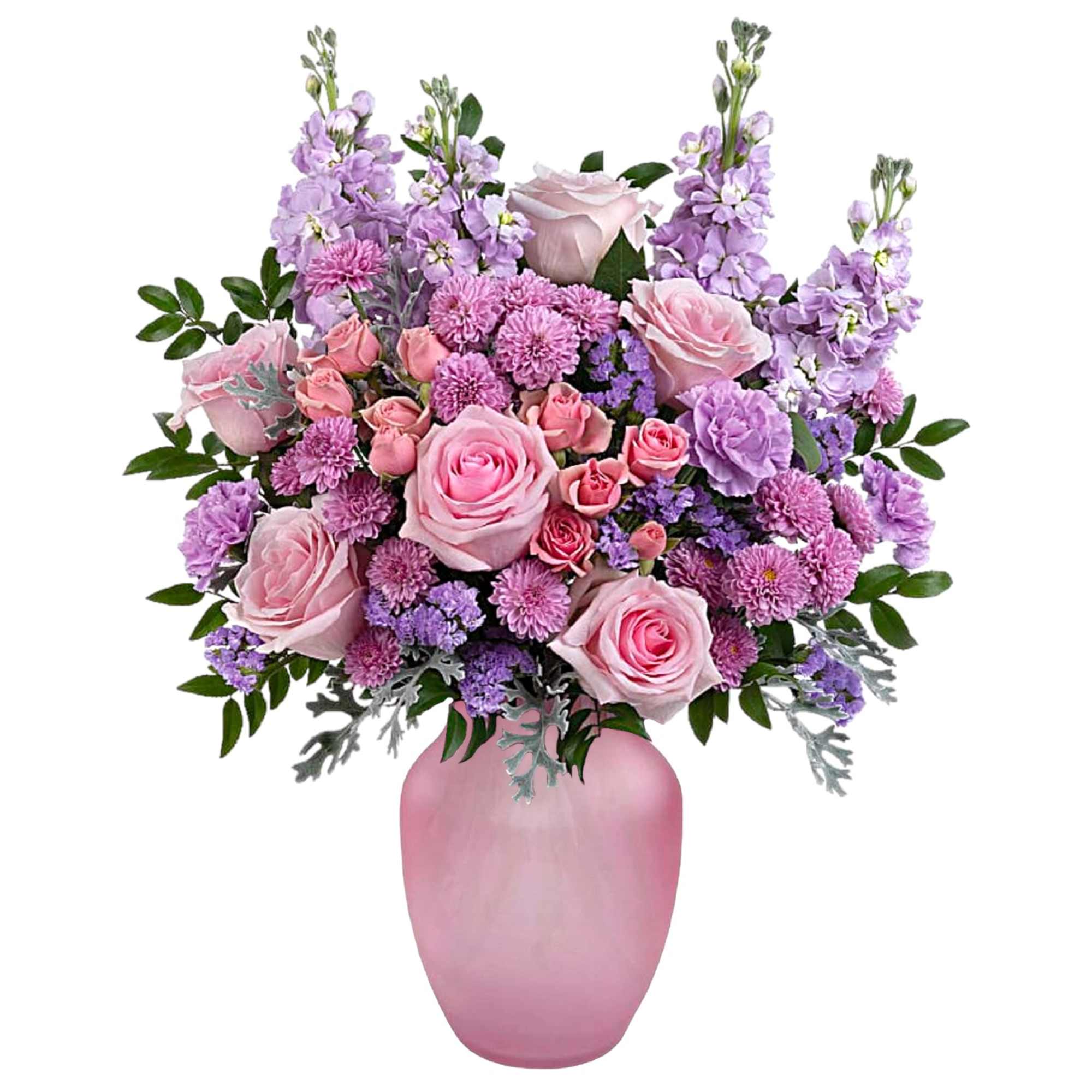 What a delight! Overflowing with pink roses and lavender blooms, this decadent