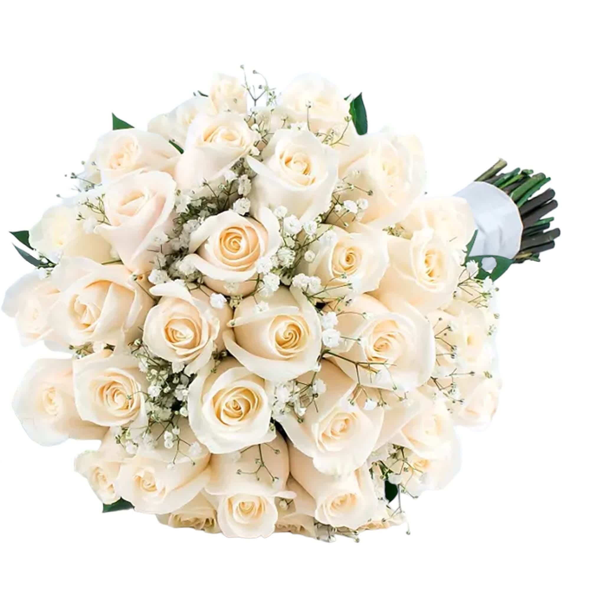 Highlighted with classic white roses &amp; complemented with baby&#039;s breath, this wedding