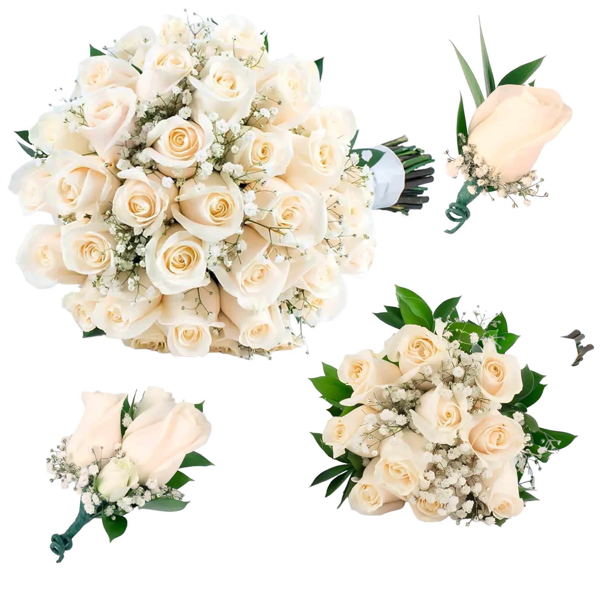 Highlighted with classic white roses &amp; complemented with baby&#039;s breath, this wedding
