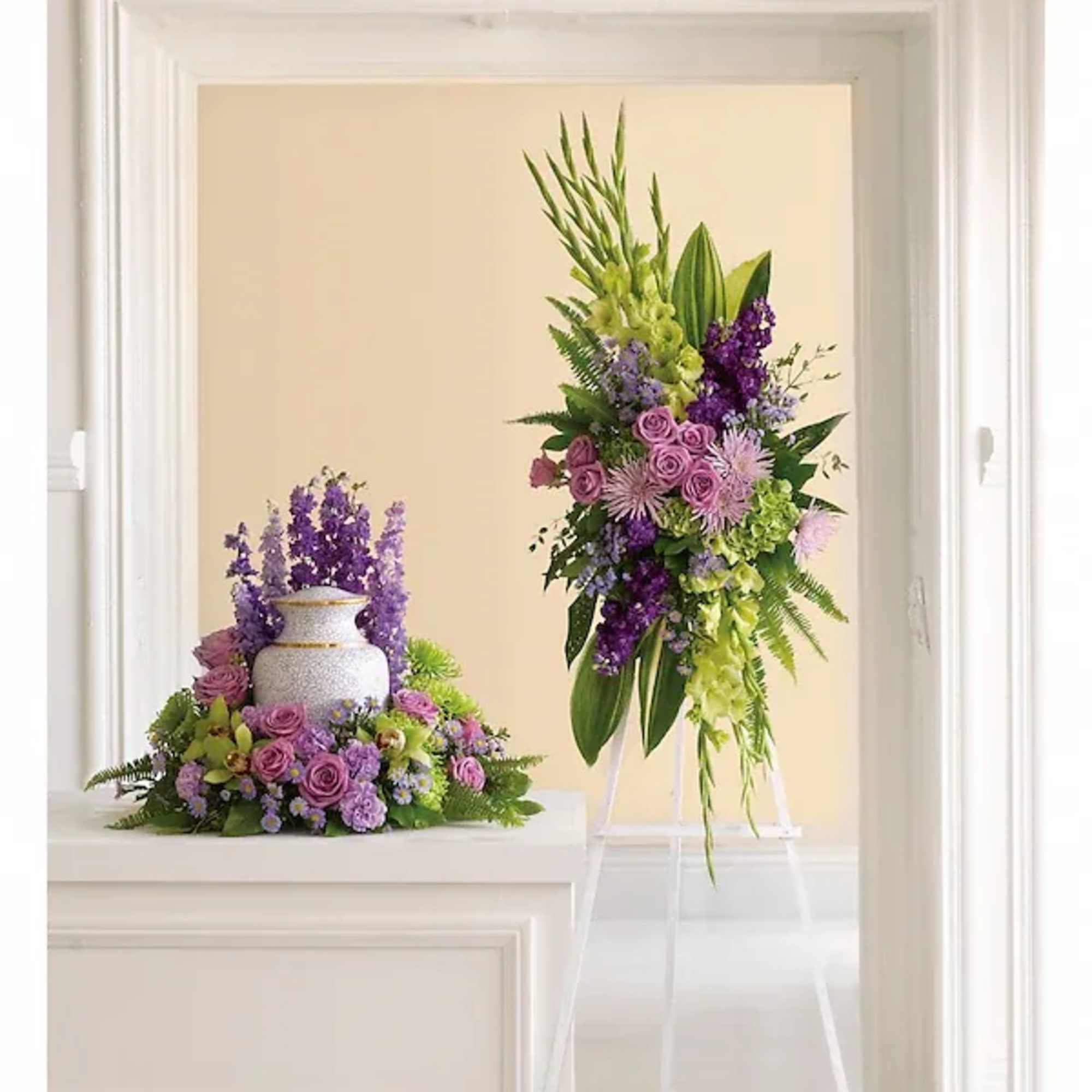 Lavender blooms and lush velvet greenery evoke a celebration of a life