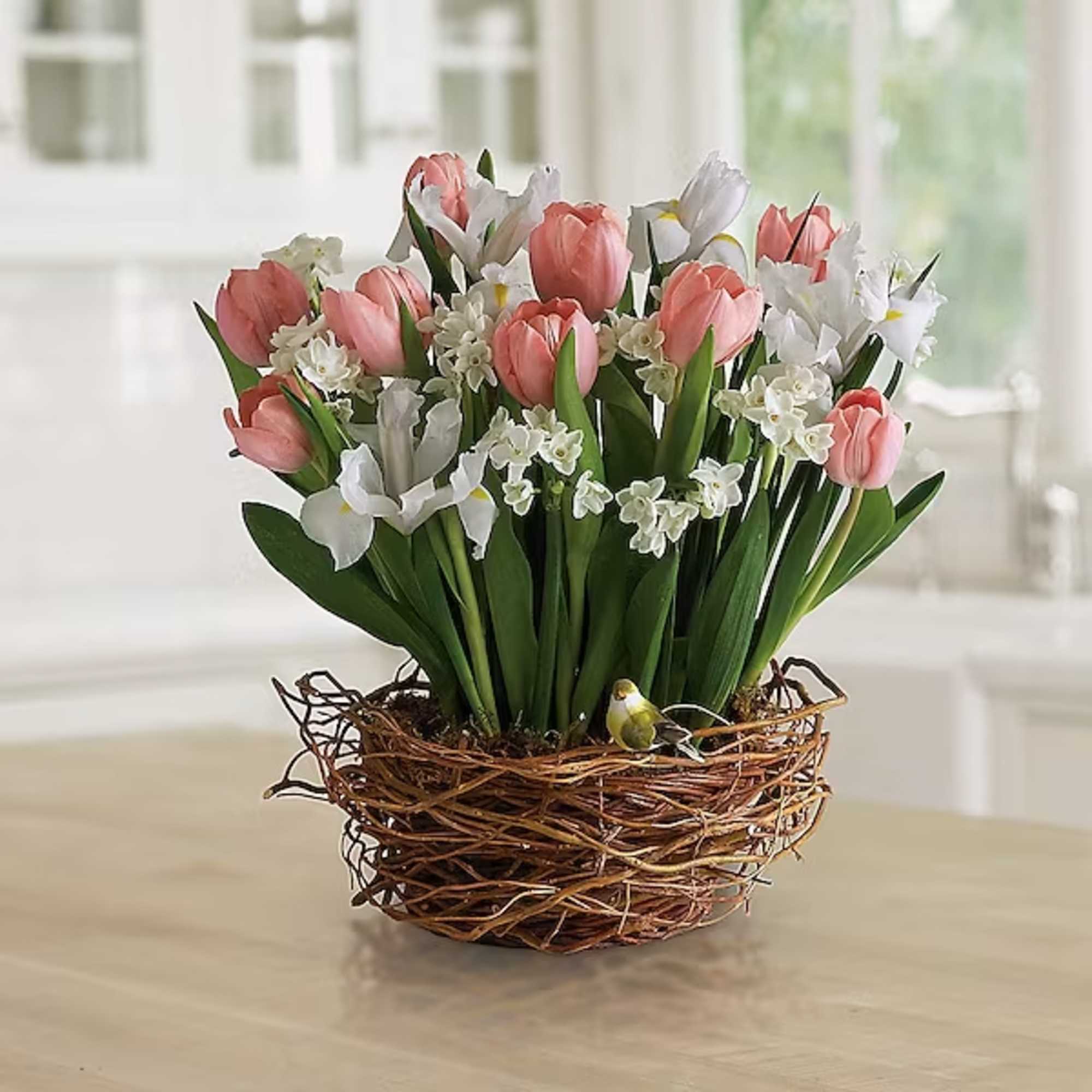 As if a beautiful spring bouquet arranged in a nest-like woven basket