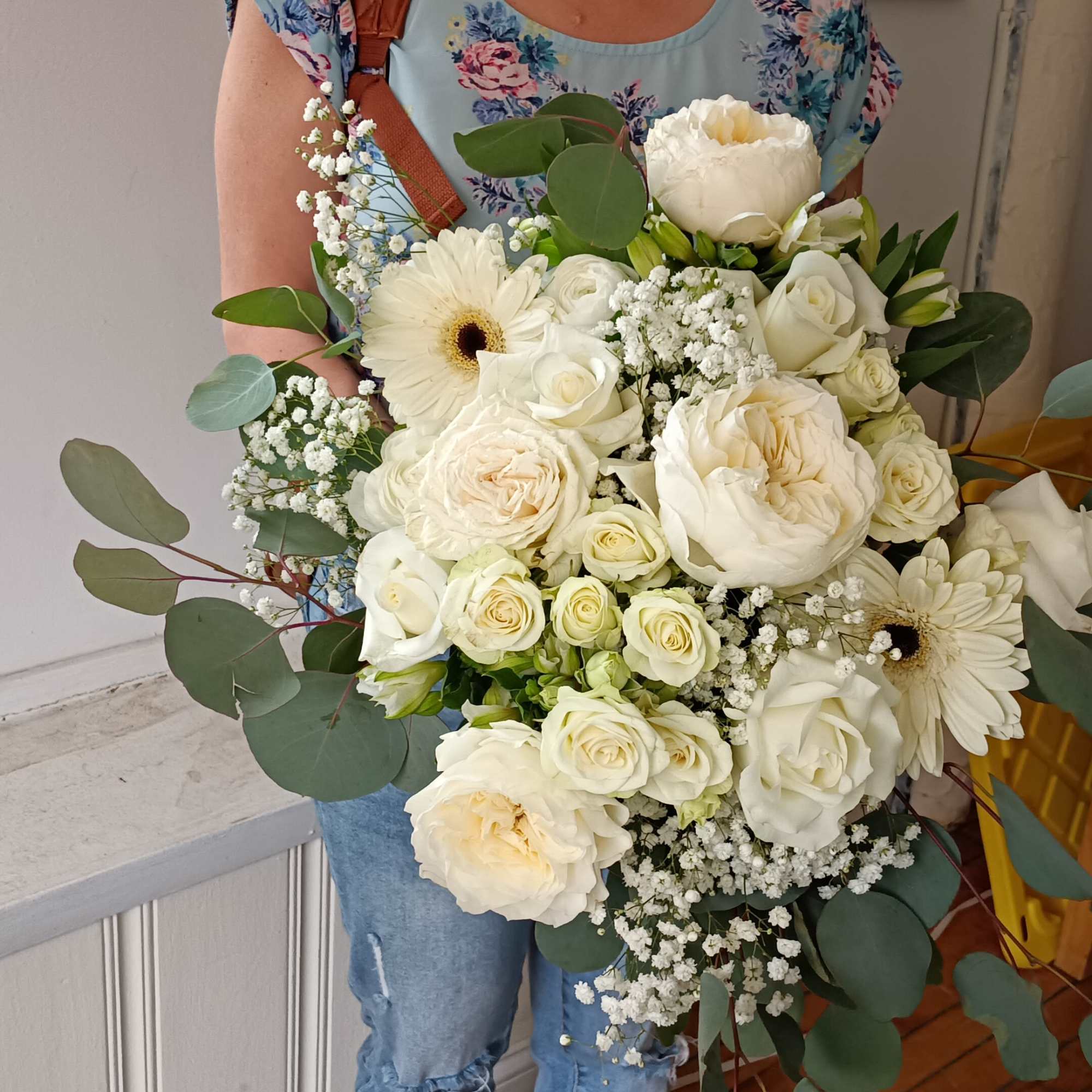 Gorgeous white and cream garden roses, roses, alstroemeria, spray roses, gerbera daisies
