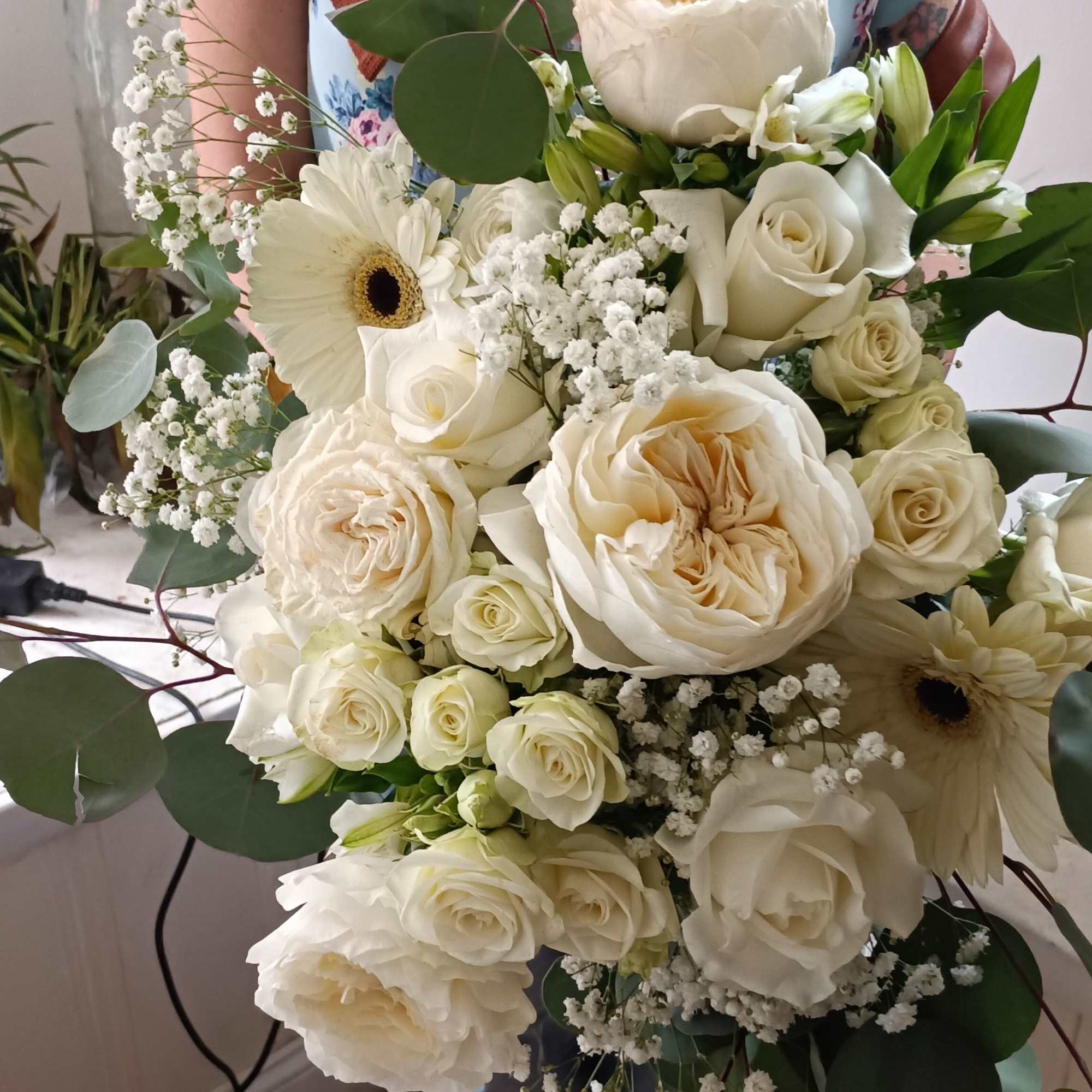 Gorgeous white and cream garden roses, roses, alstroemeria, spray roses, gerbera daisies