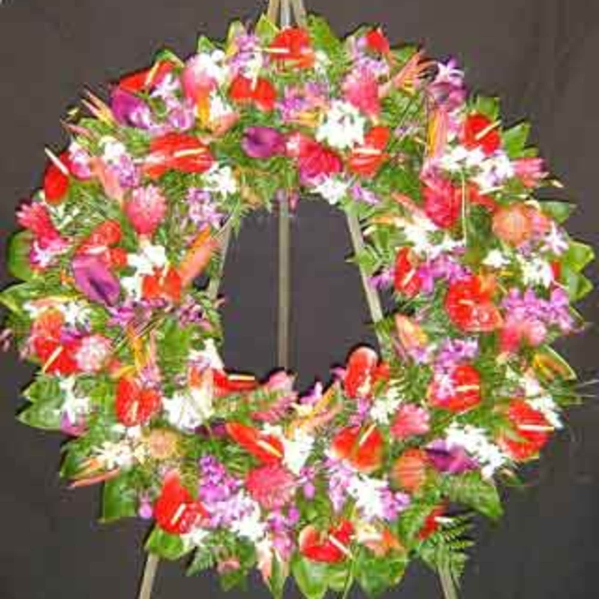 New UPDATED Design: 11/01/2024
ASSORTED ANTHURIUMS &amp;  ORCHIDS 30&rdquo; diameter  @