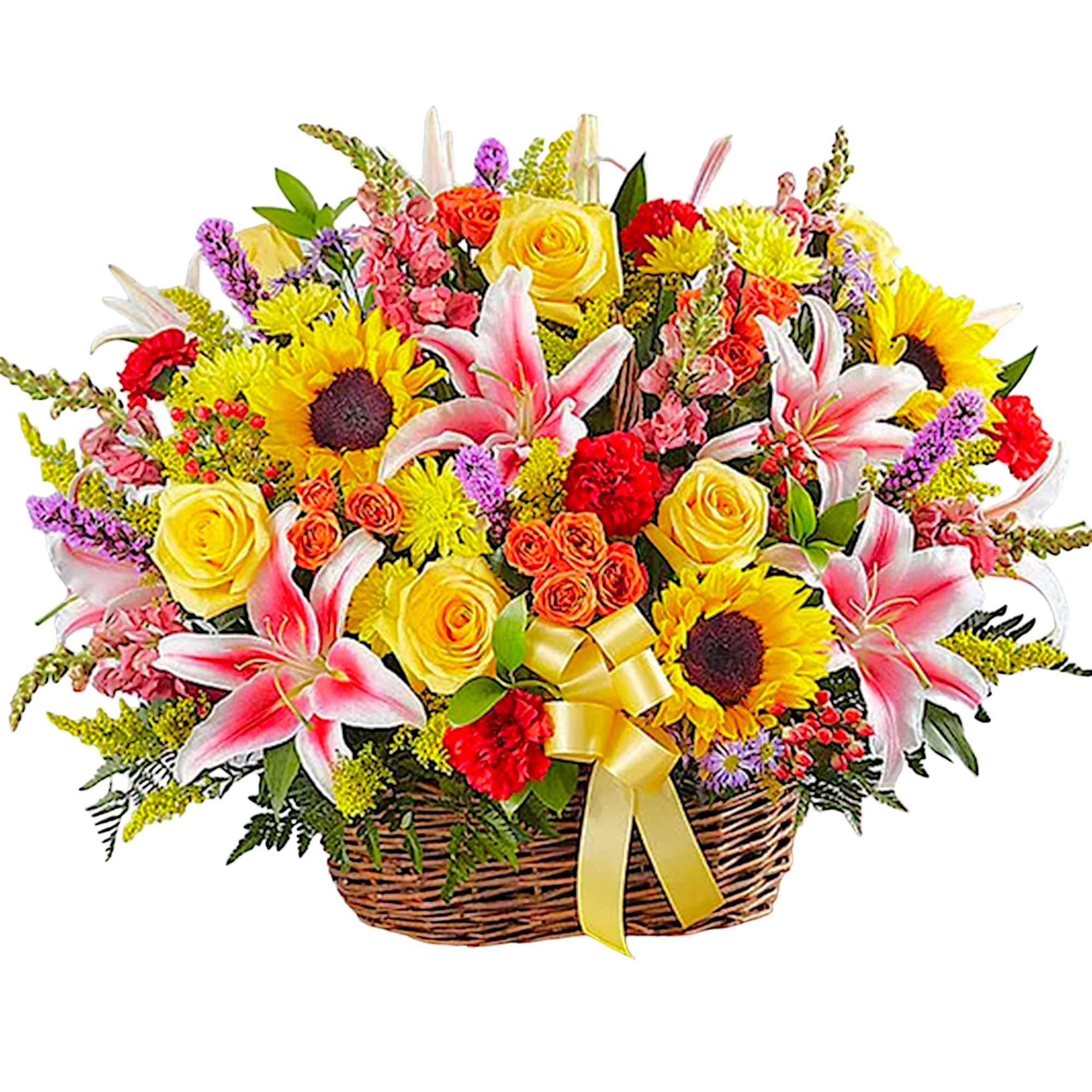 There&rsquo;s a warmth and radiance to our bright basket arrangement. Handcrafted and