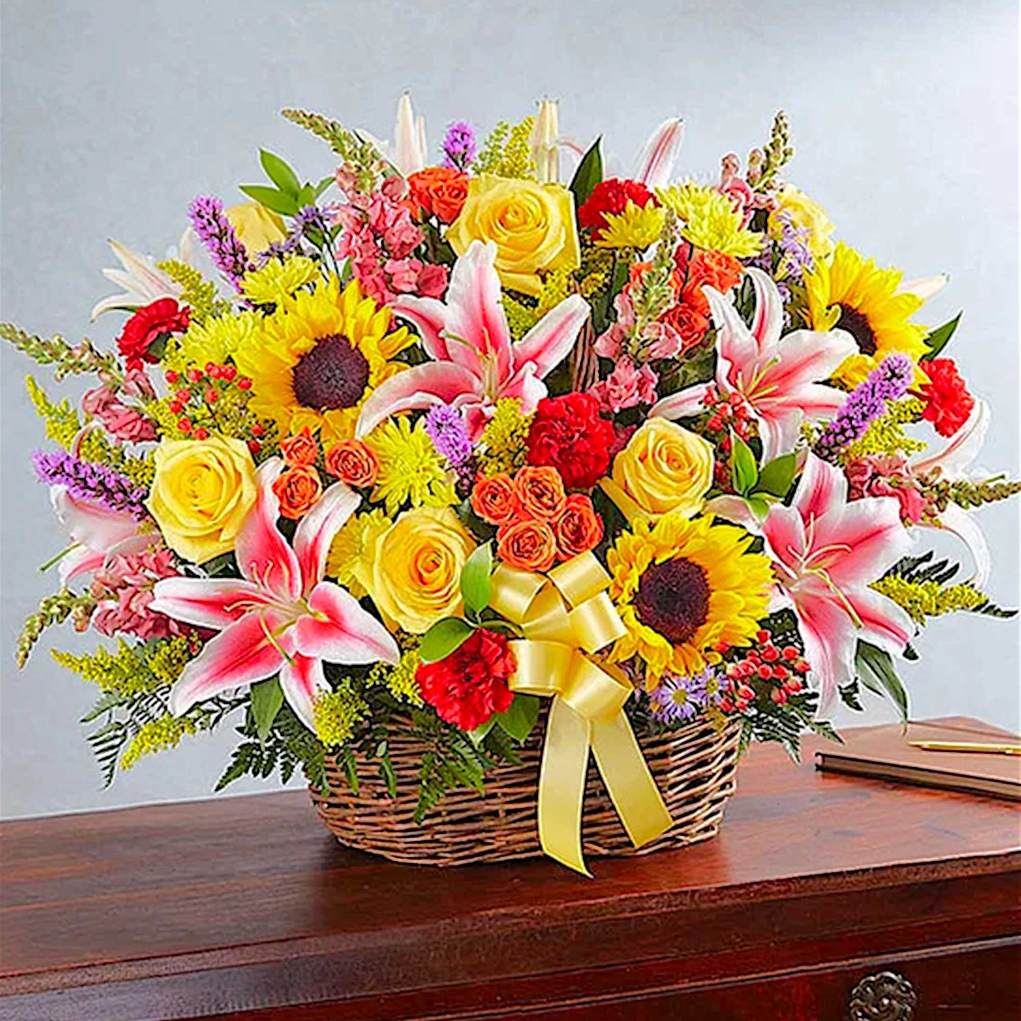 There&rsquo;s a warmth and radiance to our bright basket arrangement. Handcrafted and