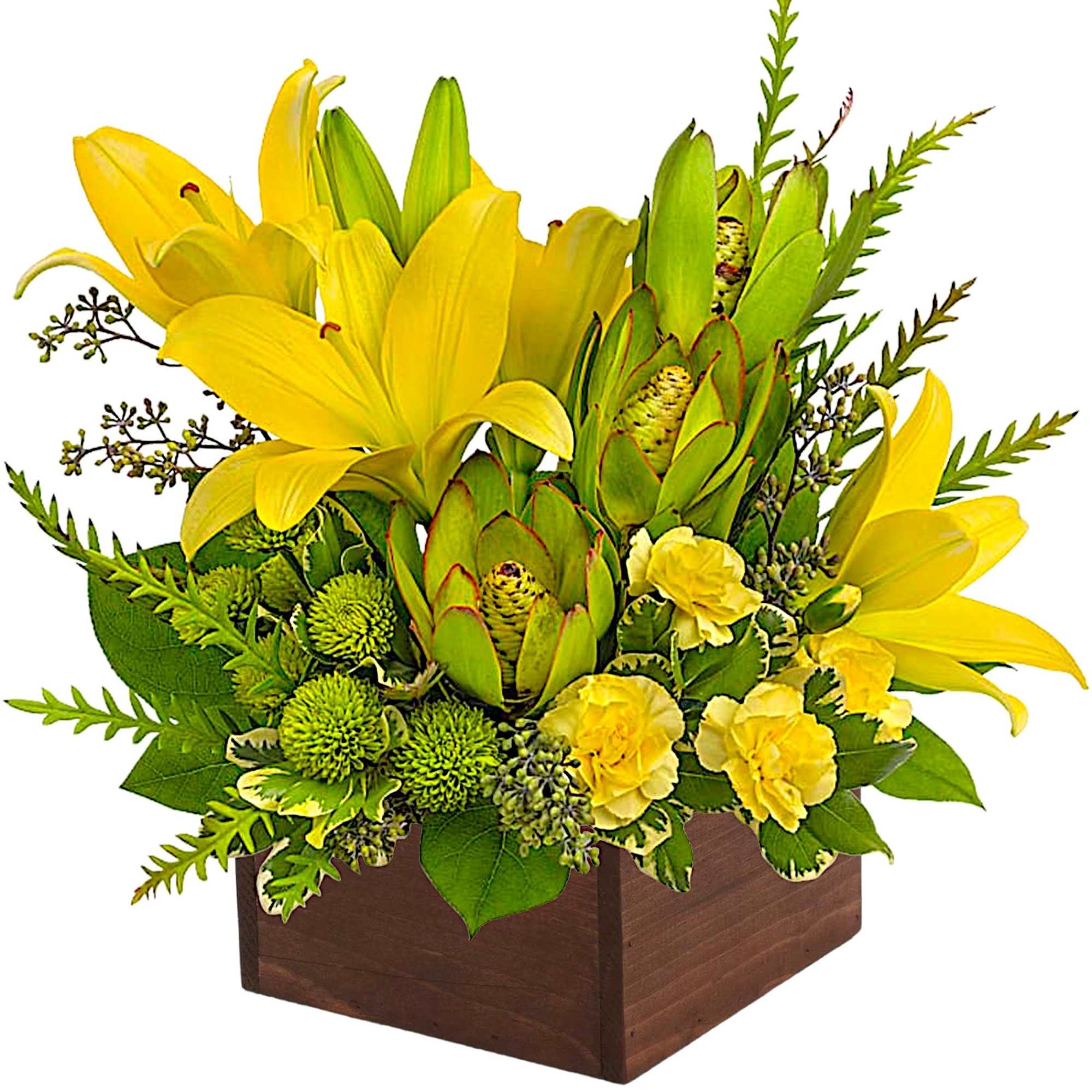 Let the sunshine in! This artistic arrangement of radiant lilies and fresh