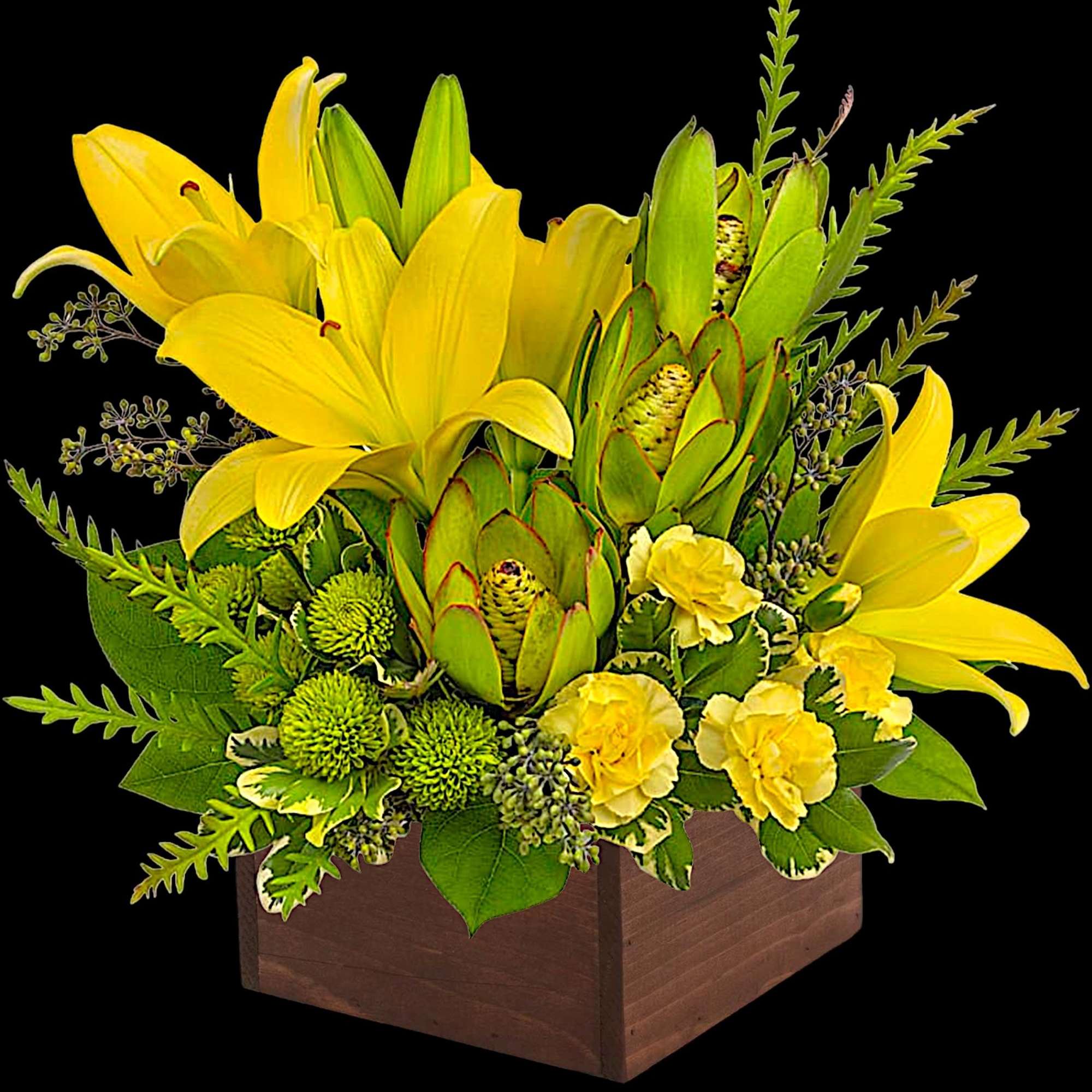 Let the sunshine in! This artistic arrangement of radiant lilies and fresh