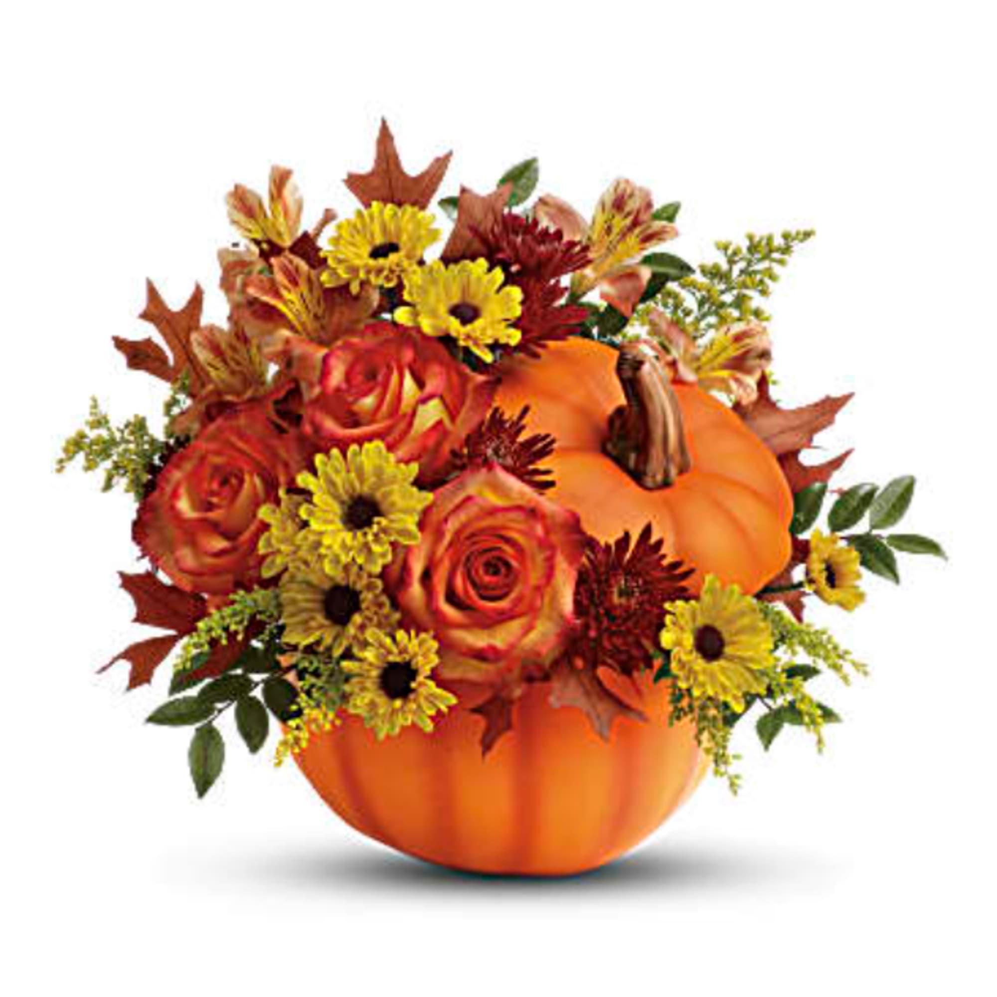 Includes a lush mix of orange roses, orange alstroemeria, burgundy cushion chrysanthemums Includes a lush mix of orange roses, orange alstroemeria, burgundy cushion chrysanthemums
