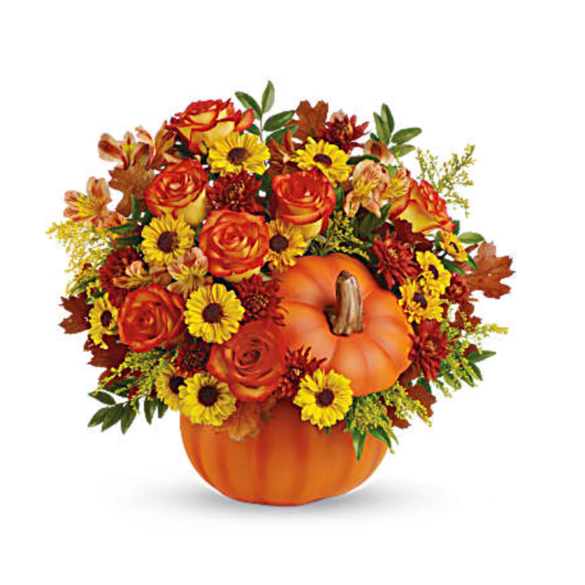 Includes a lush mix of orange roses, orange alstroemeria, burgundy cushion chrysanthemums Includes a lush mix of orange roses, orange alstroemeria, burgundy cushion chrysanthemums