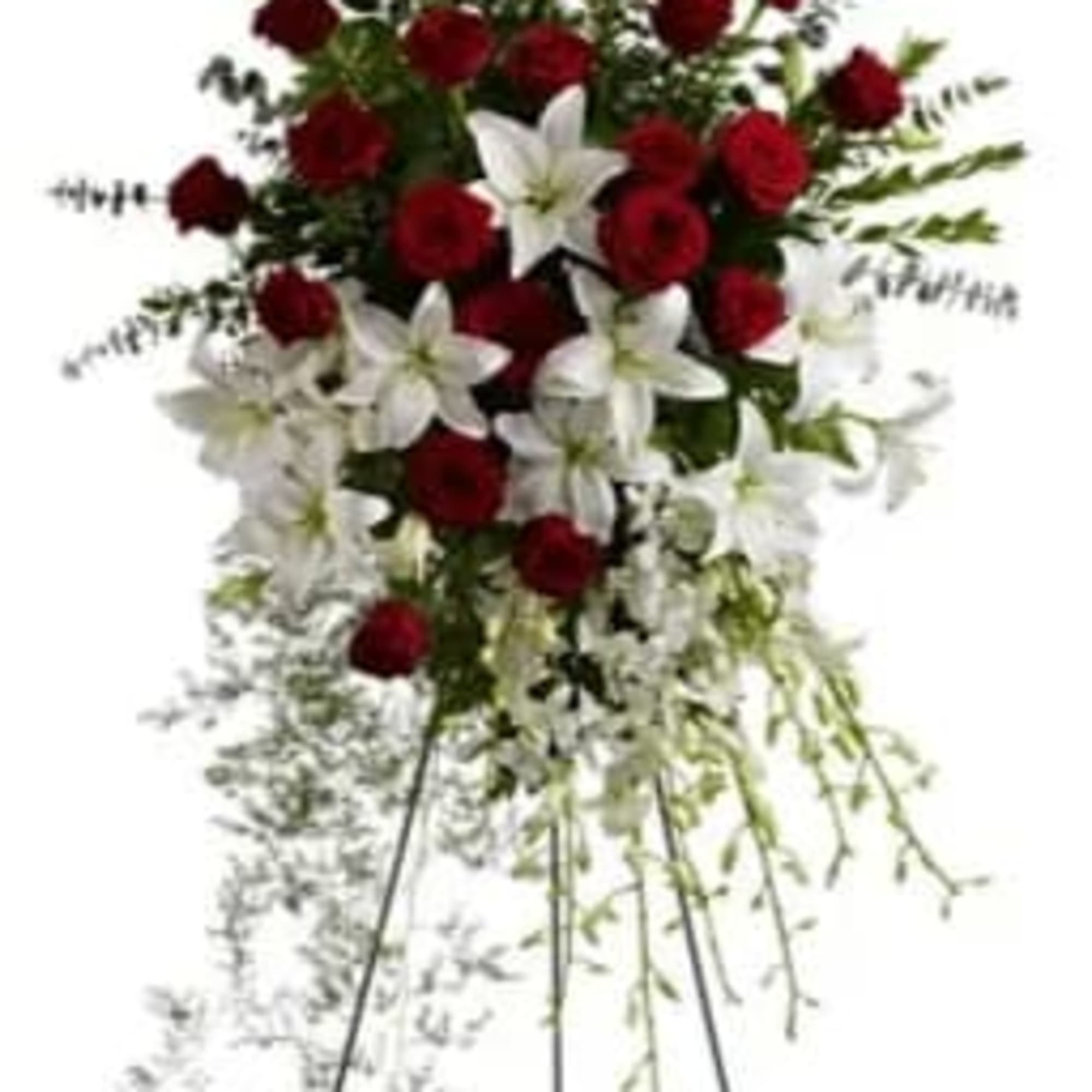 Pure white lilies and dendrobium orchids mingle with red roses white asiatic