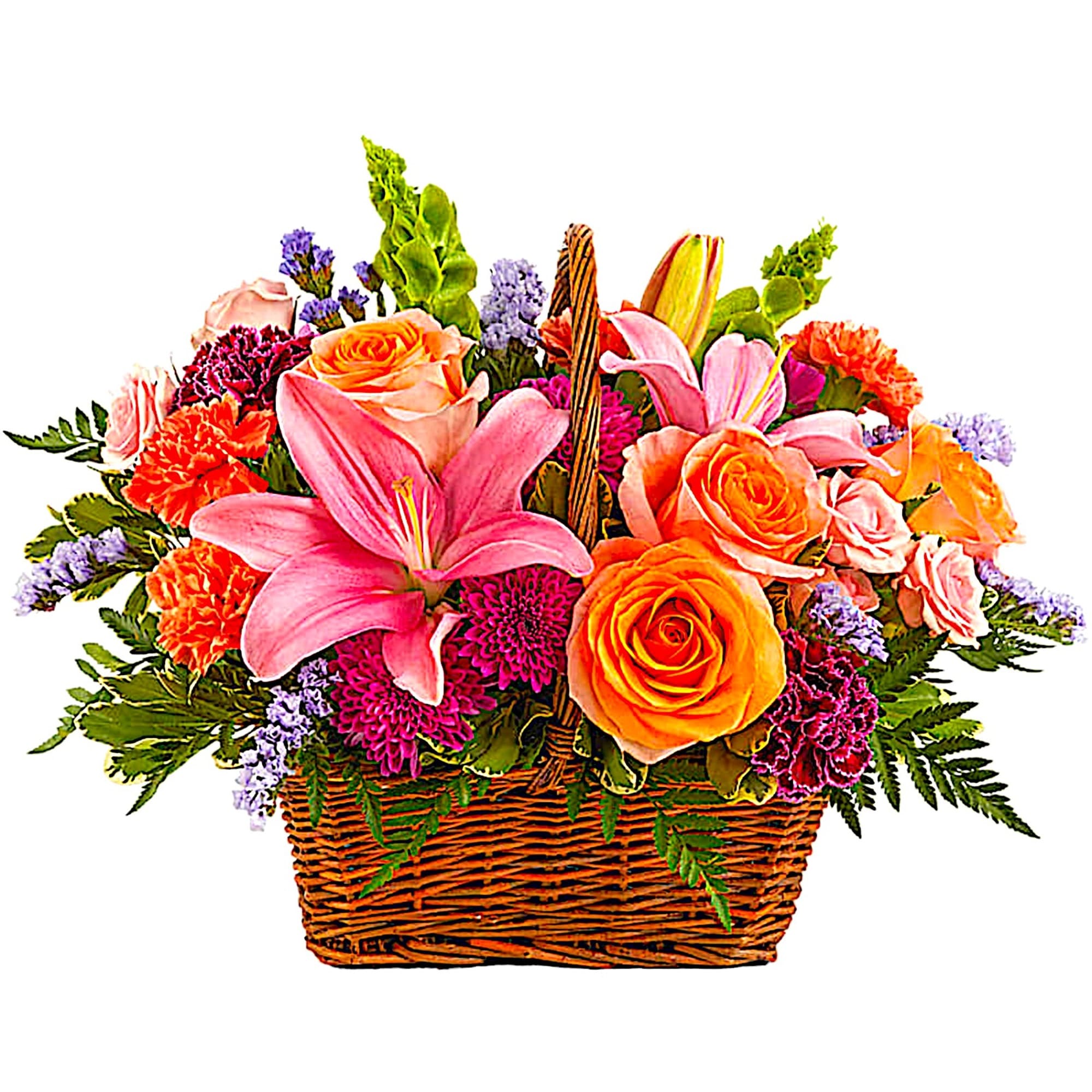 Like an island sunrise, this basket of orange and pink blooms is