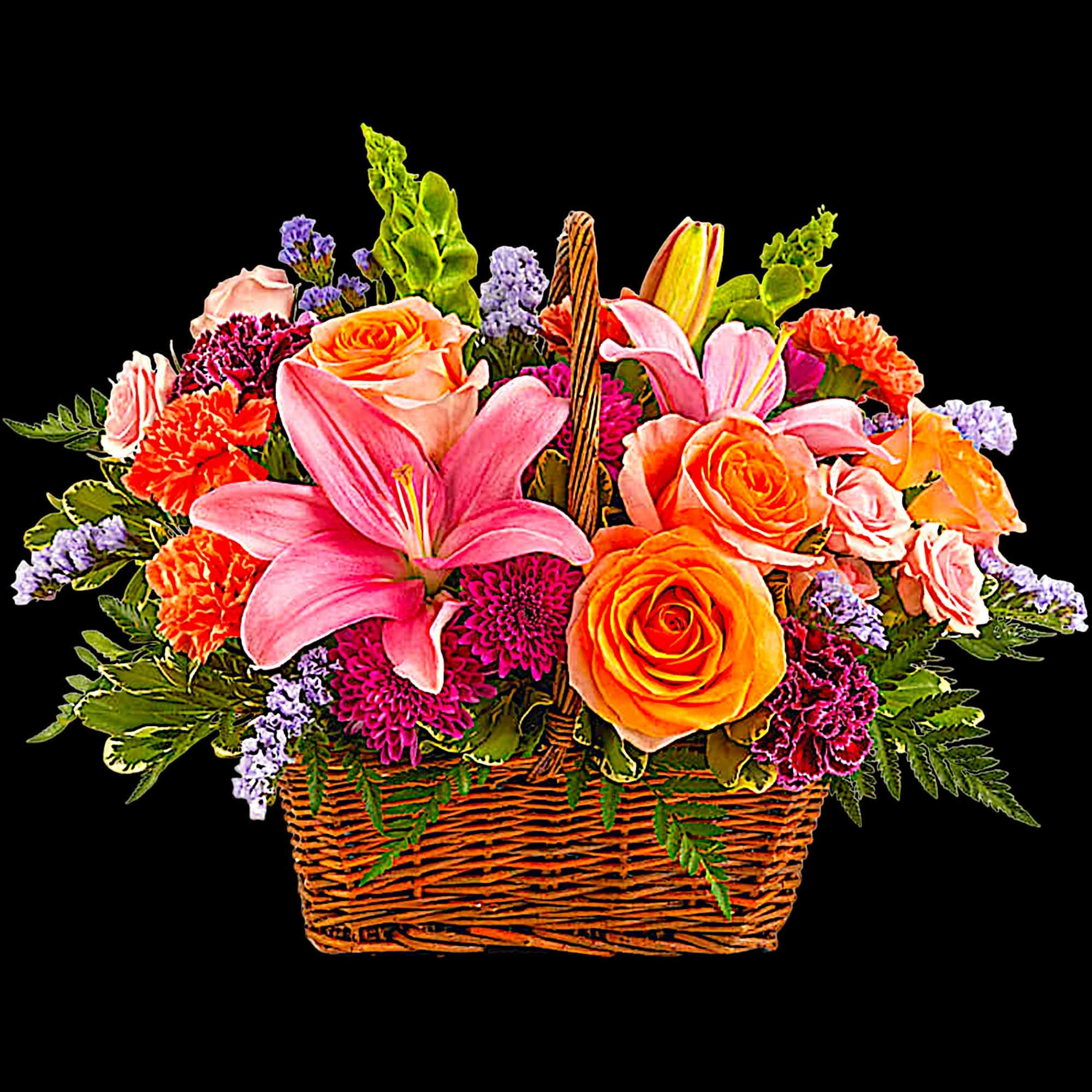 Like an island sunrise, this basket of orange and pink blooms is