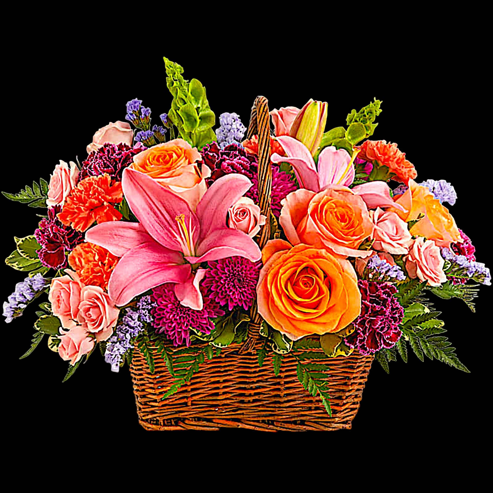 Like an island sunrise, this basket of orange and pink blooms is
